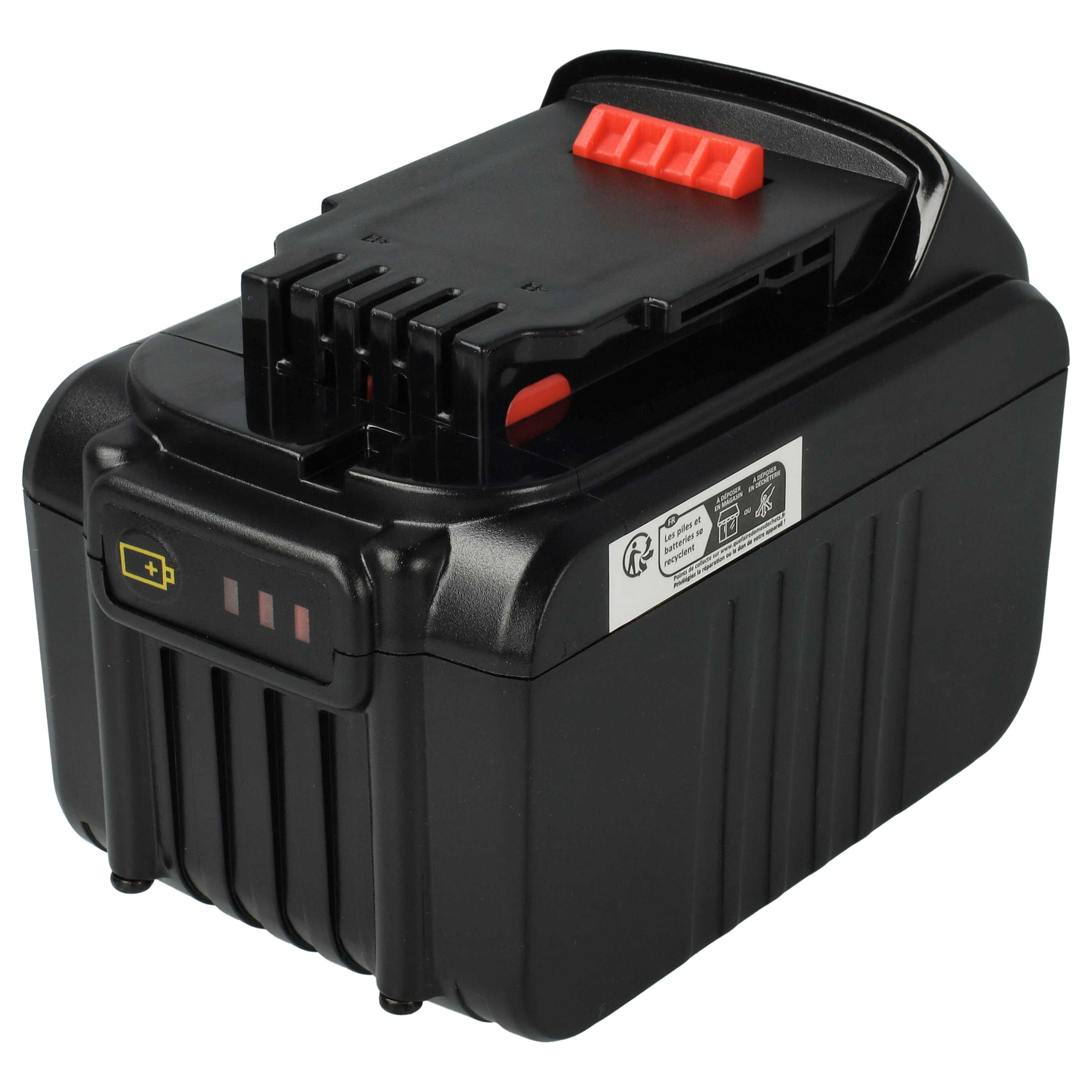 Schwarzer Akku für ein Elektrowerkzeug, mit roten Ladeanzeigen.