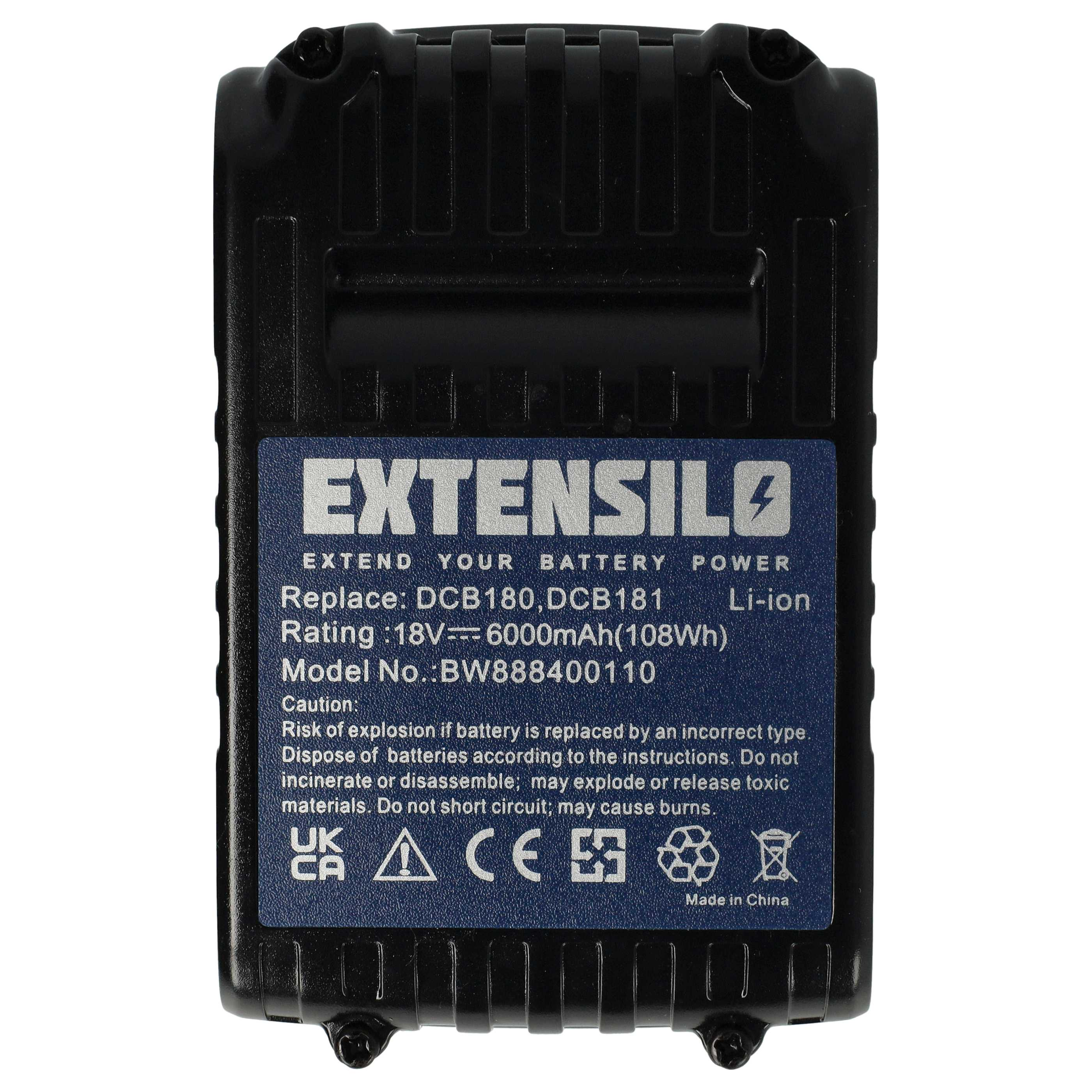 Schwarzer Akku mit blauem Etikett. Text: EXTENSILO, Ersetzen: DCB180, DCB181, Bewertung: 18V== 6000mAh.
