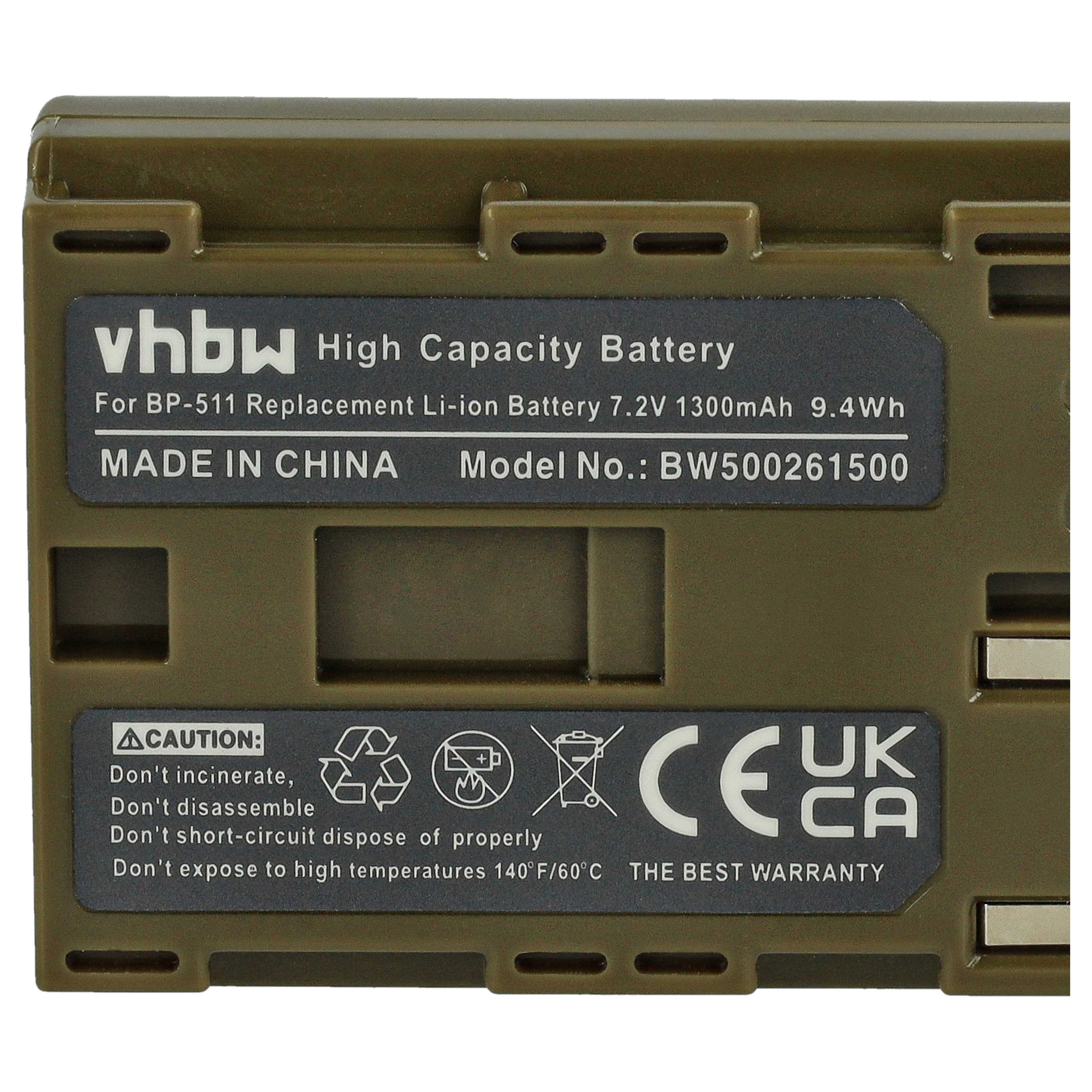 Olivgrüne Batterie mit Text. Es steht vhbw High Capacity Battery For BP-511 Replacement Li-ion Battery.