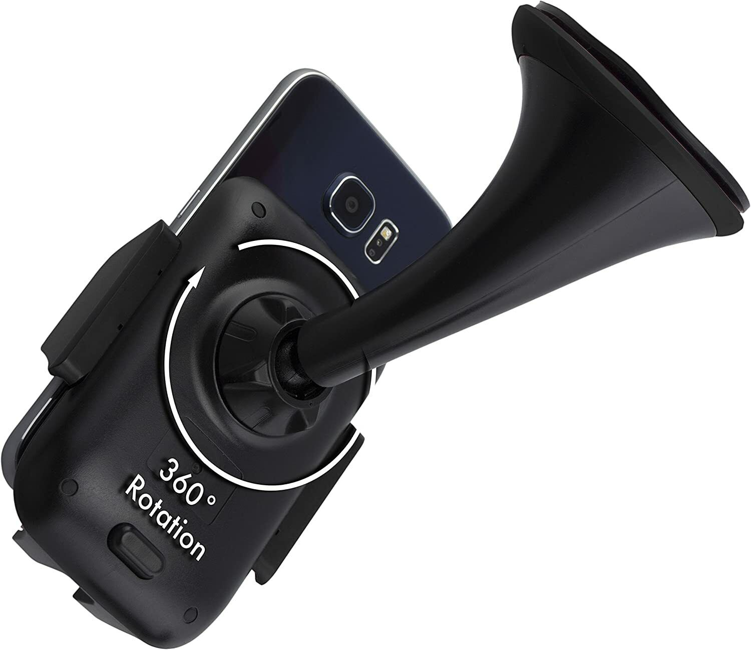 Ein schwarzer Autotelefonhalter mit montiertem Telefon, abgewinkelt zur Drehung.