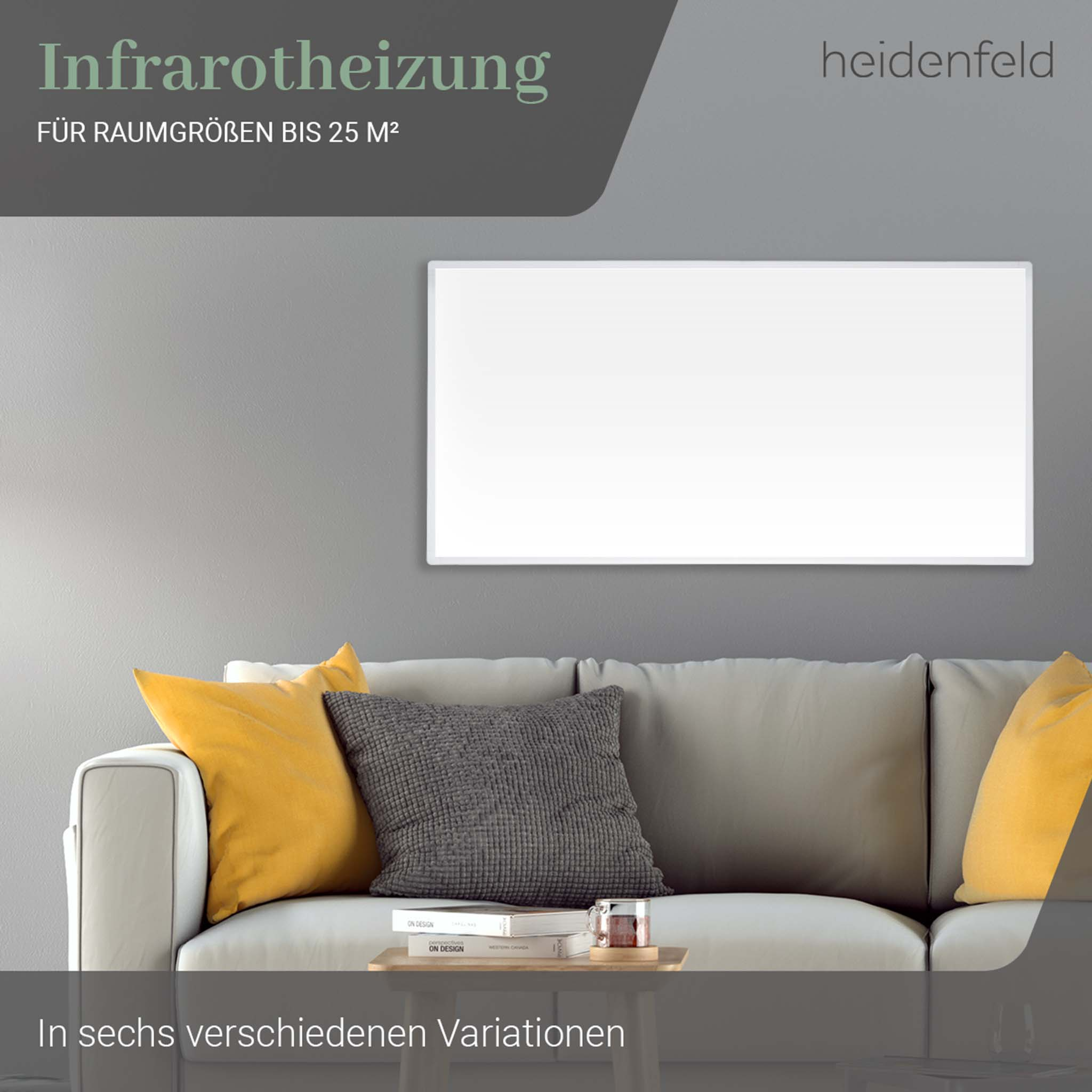 Weißer Infrarotheizkörper an einer grauen Wand über einem Sofa mit gelben und grauen Kissen.