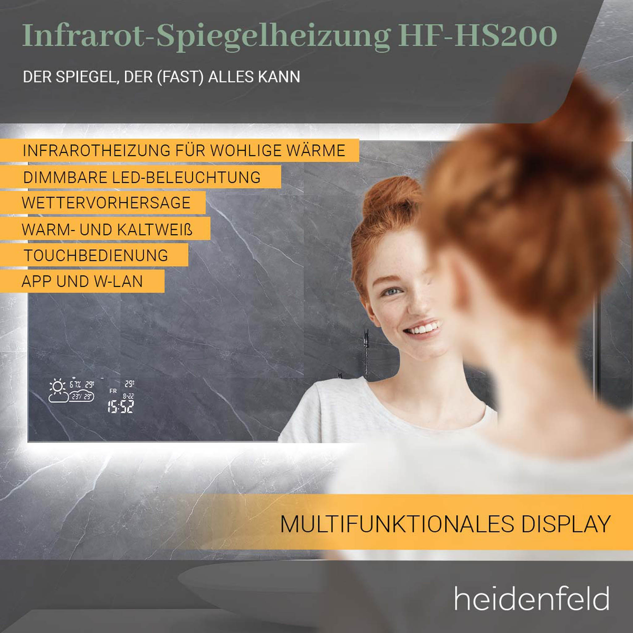 Frau, die einen intelligenten Spiegel mit Wetter- und Zeitanzeige betrachtet.