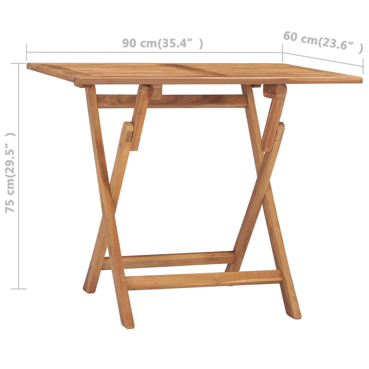 Klapptisch aus Holz mit Maßangaben. Der Tisch ist geöffnet und zeigt die Oberseite und die Beine.