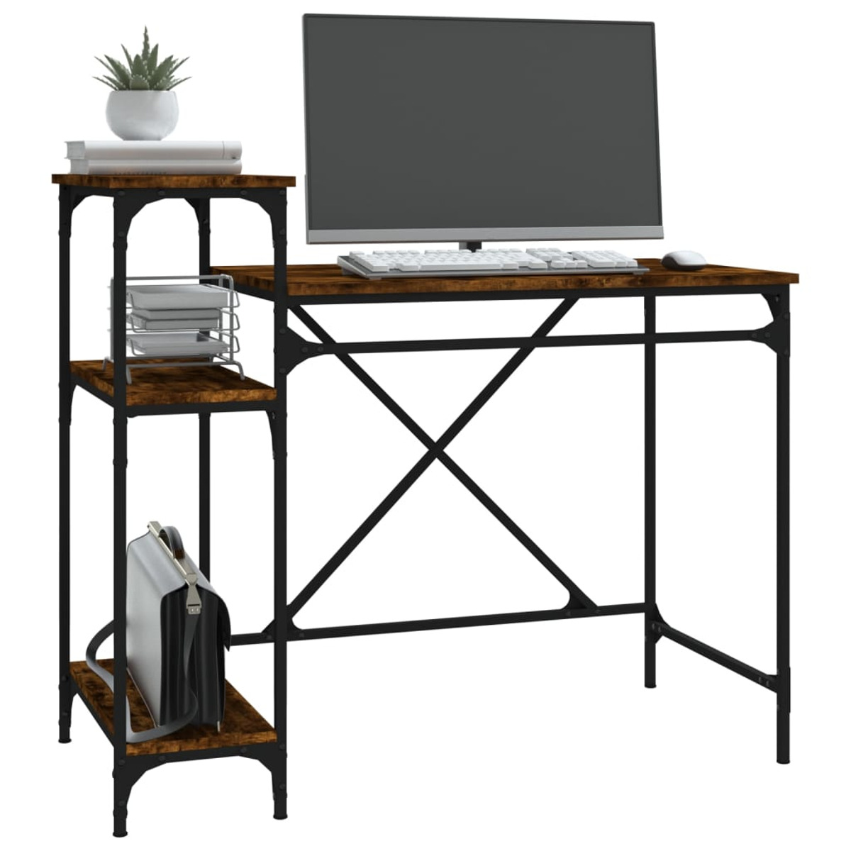Ein Computertisch mit Monitor, Tastatur und Maus. Der Schreibtisch hat Regale an der Seite.