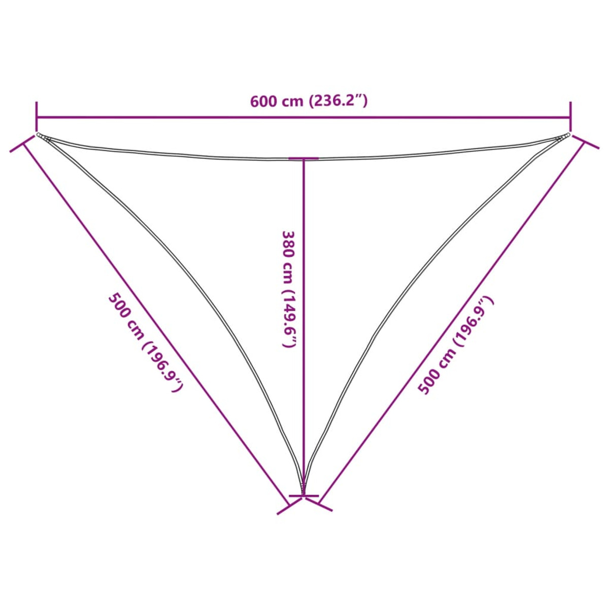 Dreieckiger Sonnenschirm. Abmessungen: 600 cm, 500 cm, 380 cm. Weißer Hintergrund.