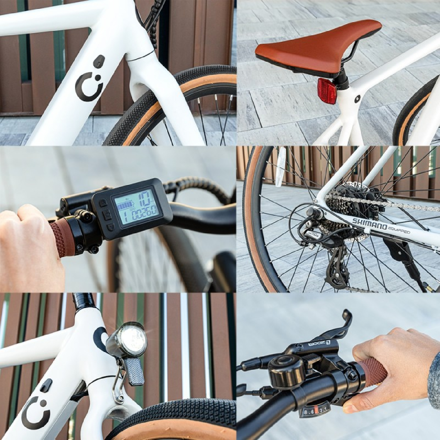 Collage de una bicicleta blanca. Tomas detalladas del manillar, ruedas y pantalla electrónica.