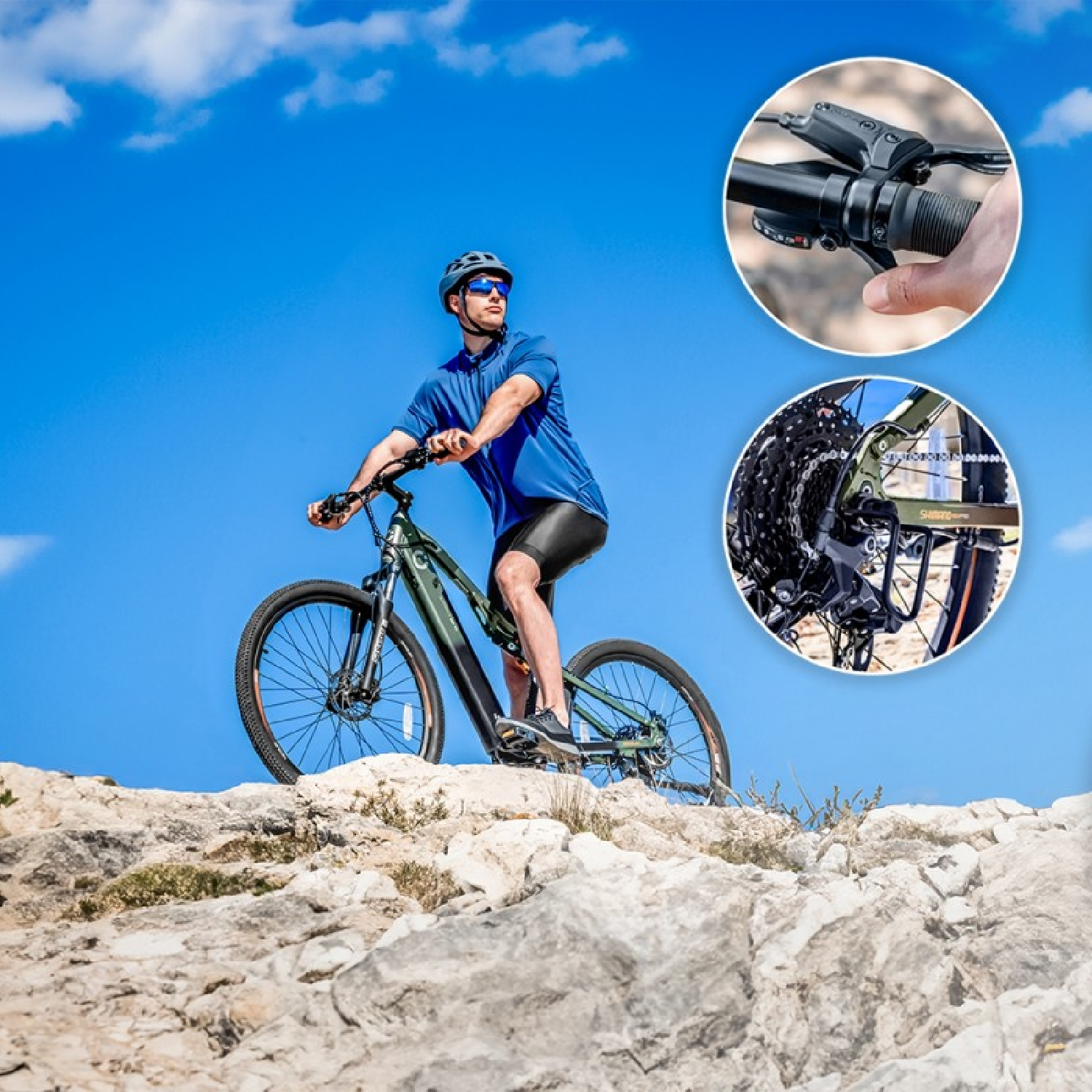 Hombre montando una e-bike verde sobre terreno rocoso, con primeros planos de componentes de la bicicleta.