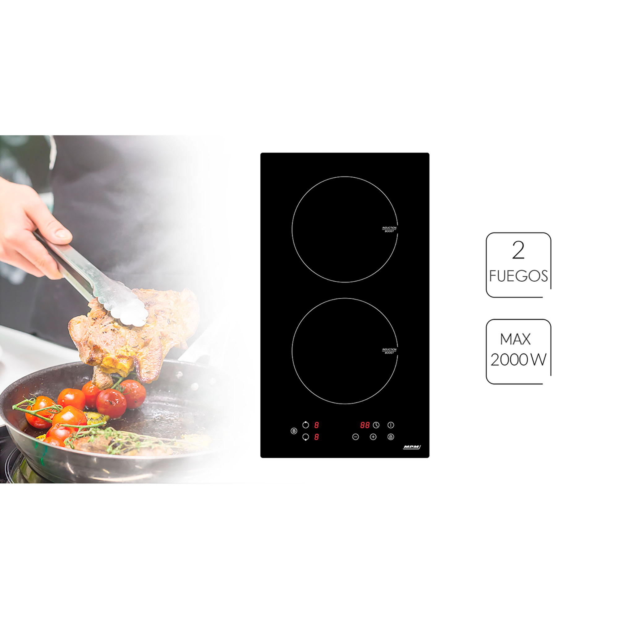 Osoba używa szczypiec do gotowania jedzenia na patelni na płycie indukcyjnej.