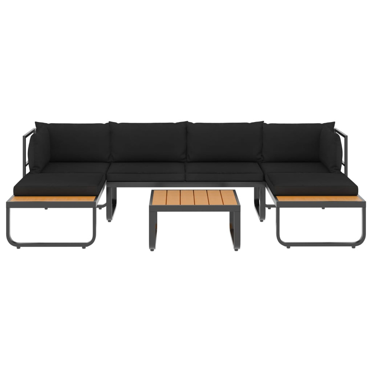 Ein Outdoor-Sofa-Set mit schwarzen Kissen und einem Holztisch auf weißem Hintergrund.