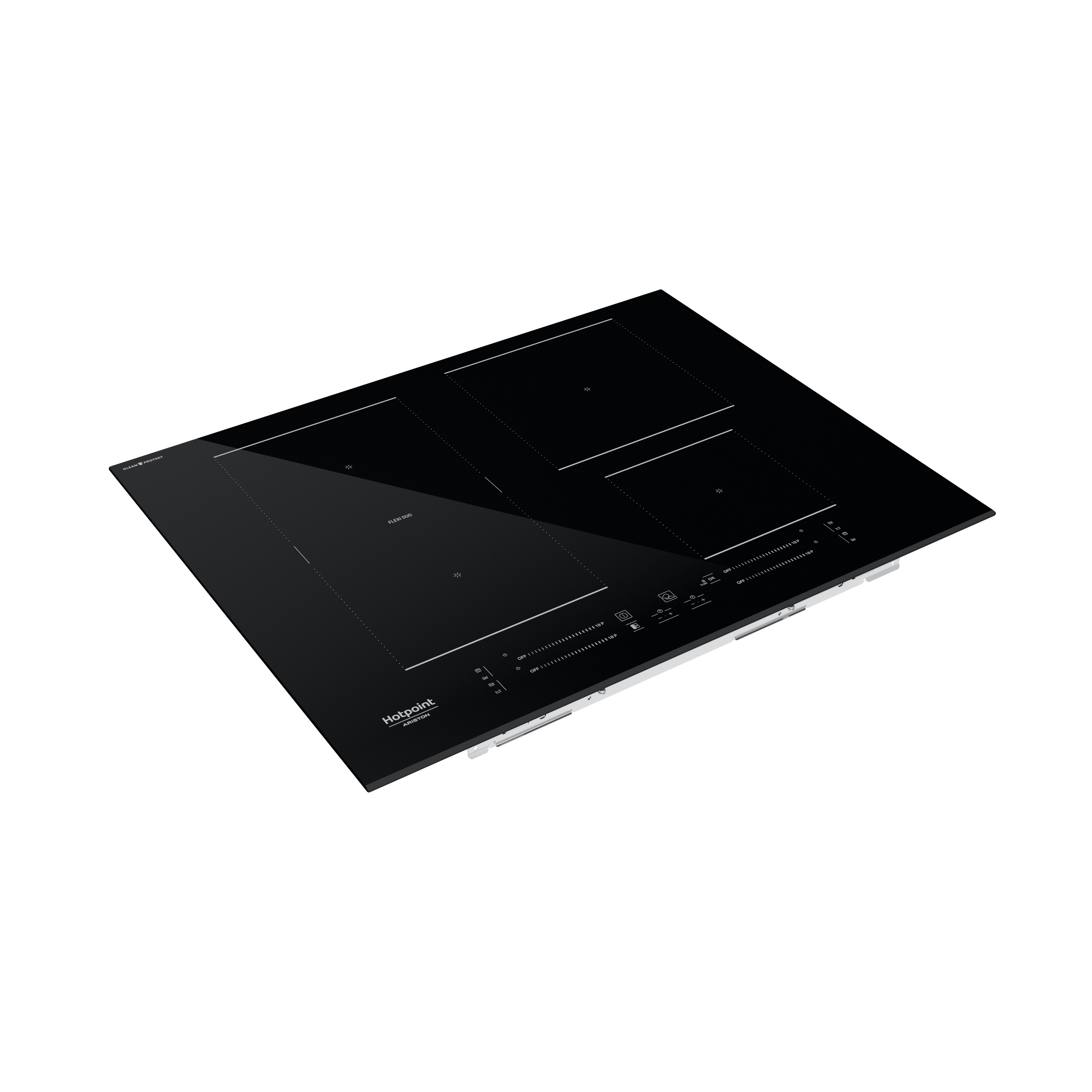 Piano cottura a induzione Hotpoint nero. Vista angolata con zone cottura e pannello comandi.