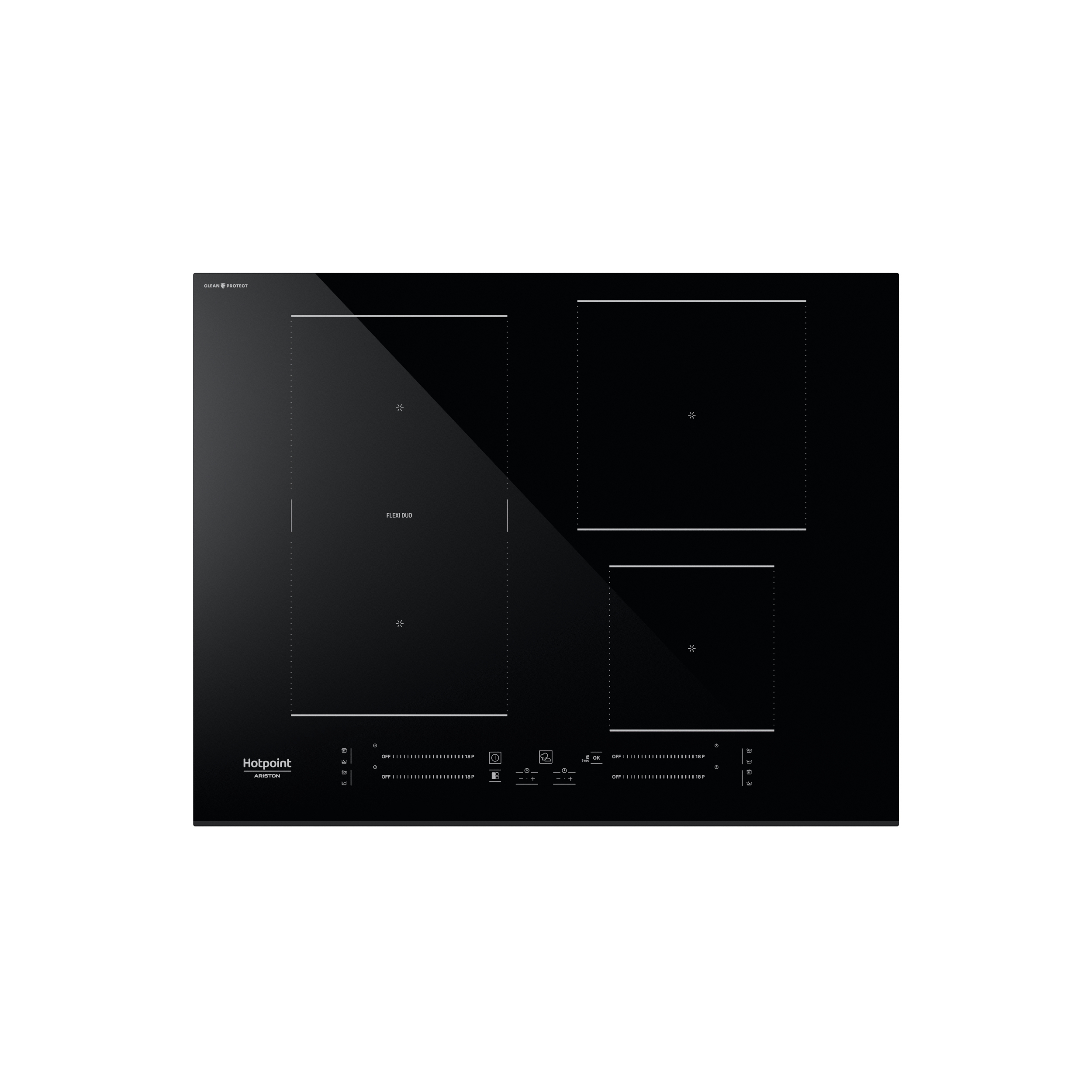 Piano cottura nero con quattro zone cottura e comandi touch. Visibile il marchio Hotpoint Ariston.