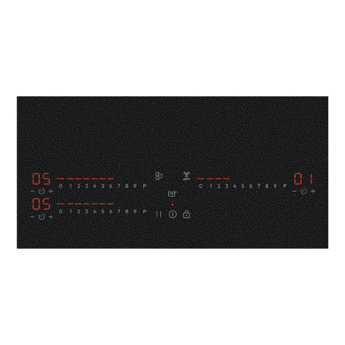 Primo piano dei comandi del piano cottura nero. Visualizzazione di numeri e simboli. La superficie è pulita.