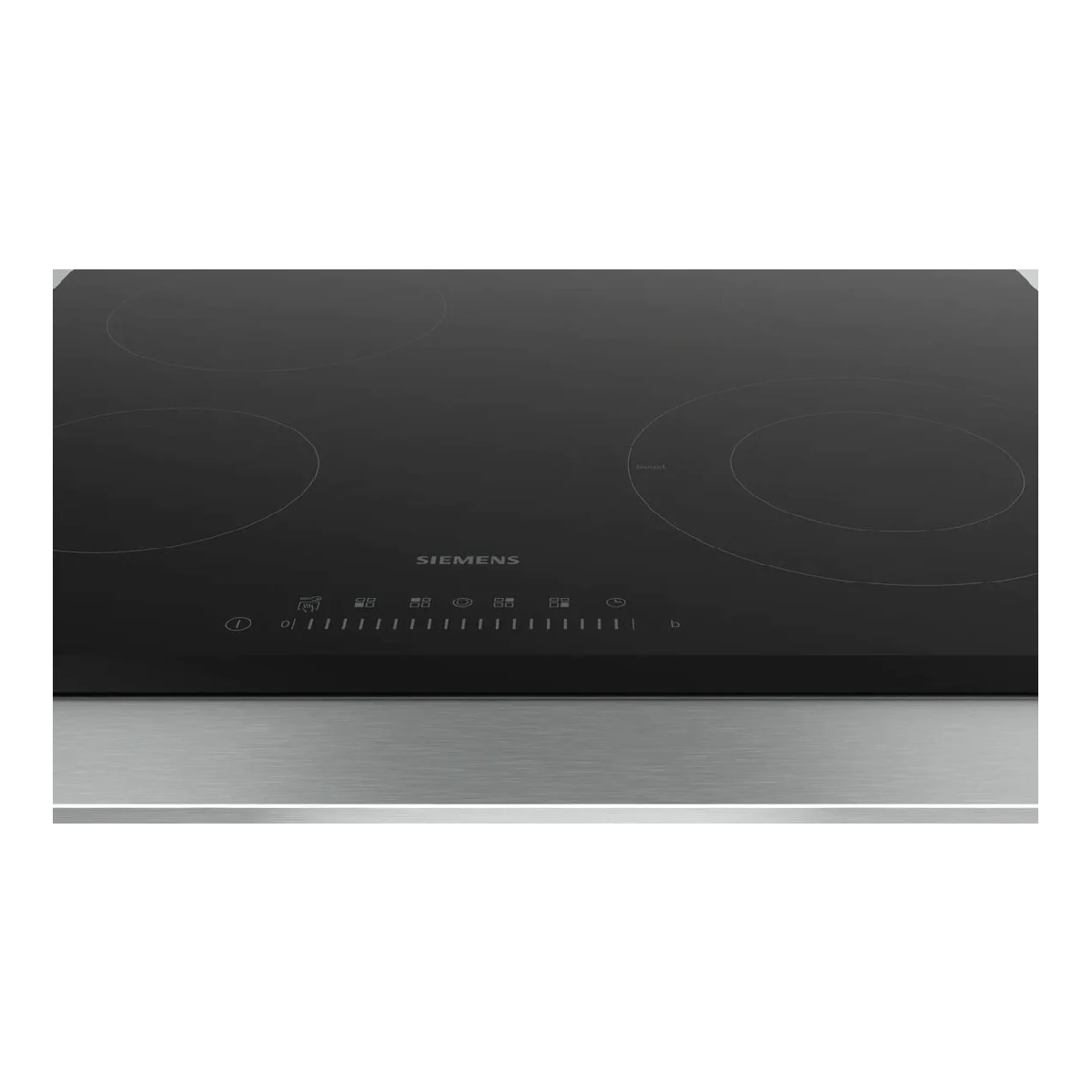 Placa de inducción Siemens negra con dos zonas de cocción circulares.