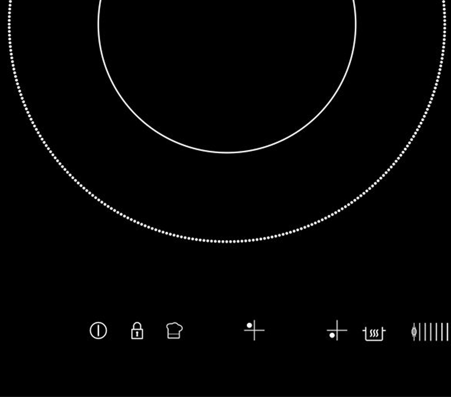 Czarna płyta indukcyjna z przyciskiem zasilania i ikonami płyty ułożonymi w półkole.