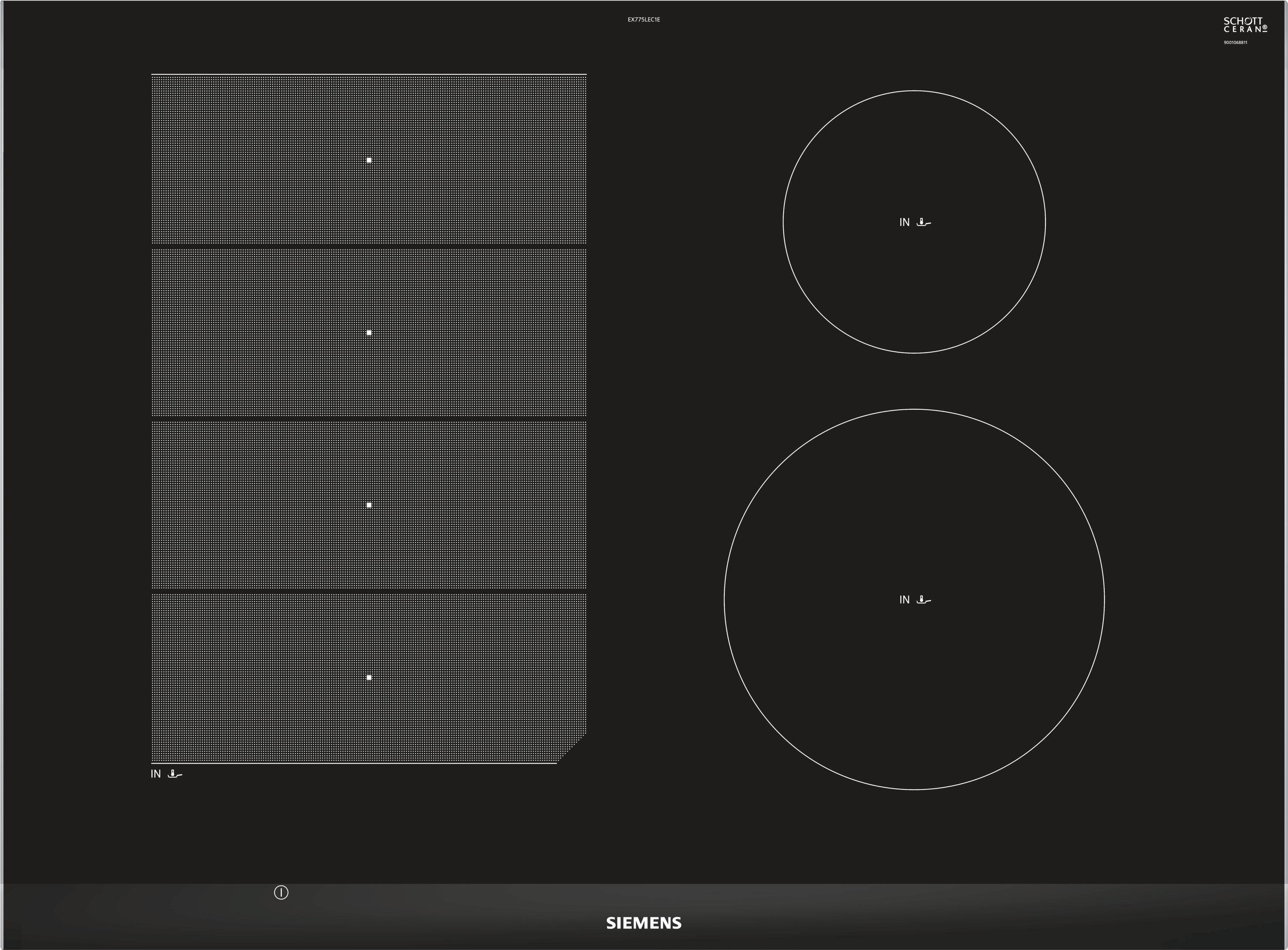Black cooktop with four cooking zones. Two zones are rectangular.