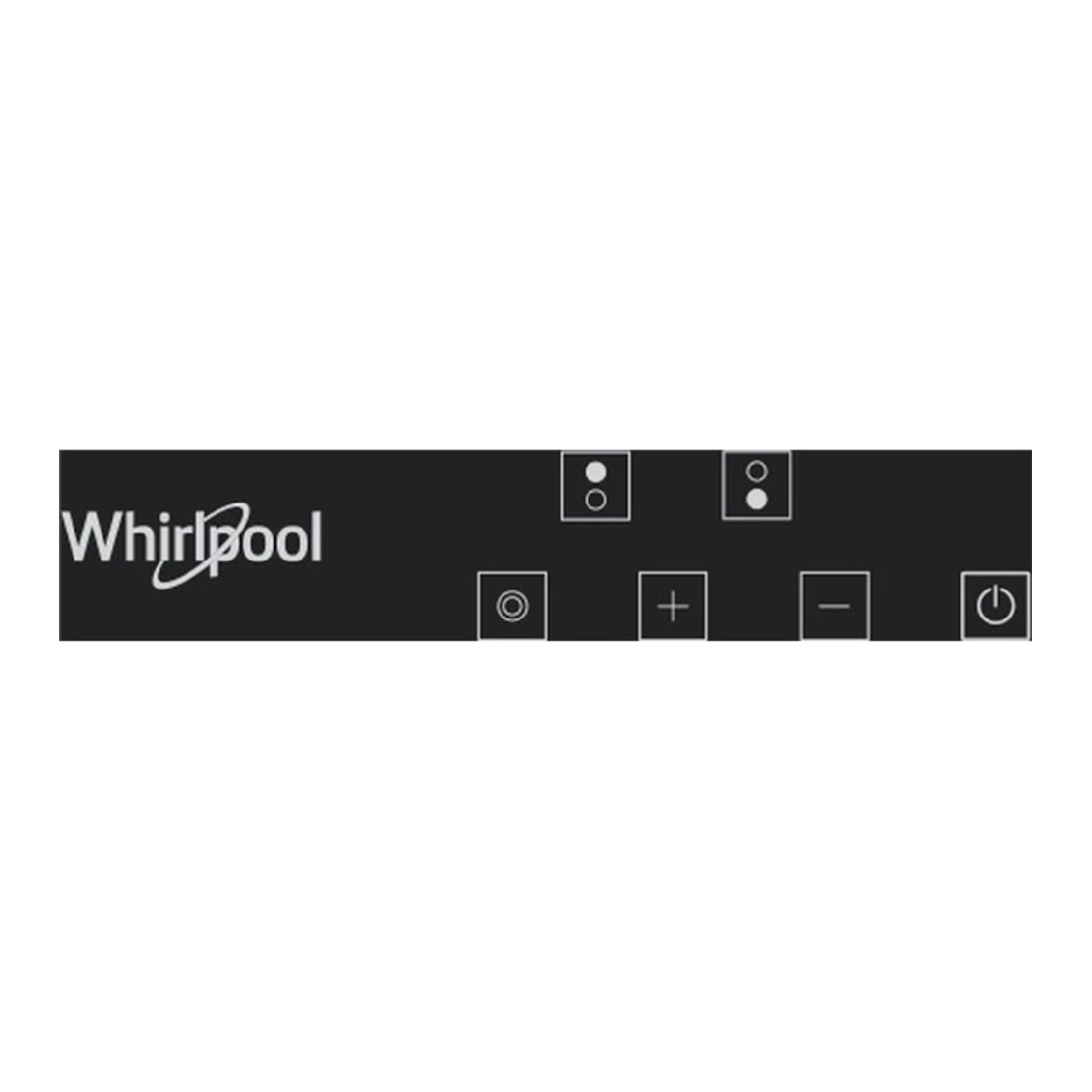 Panel de control Whirlpool negro con botones y logotipo.