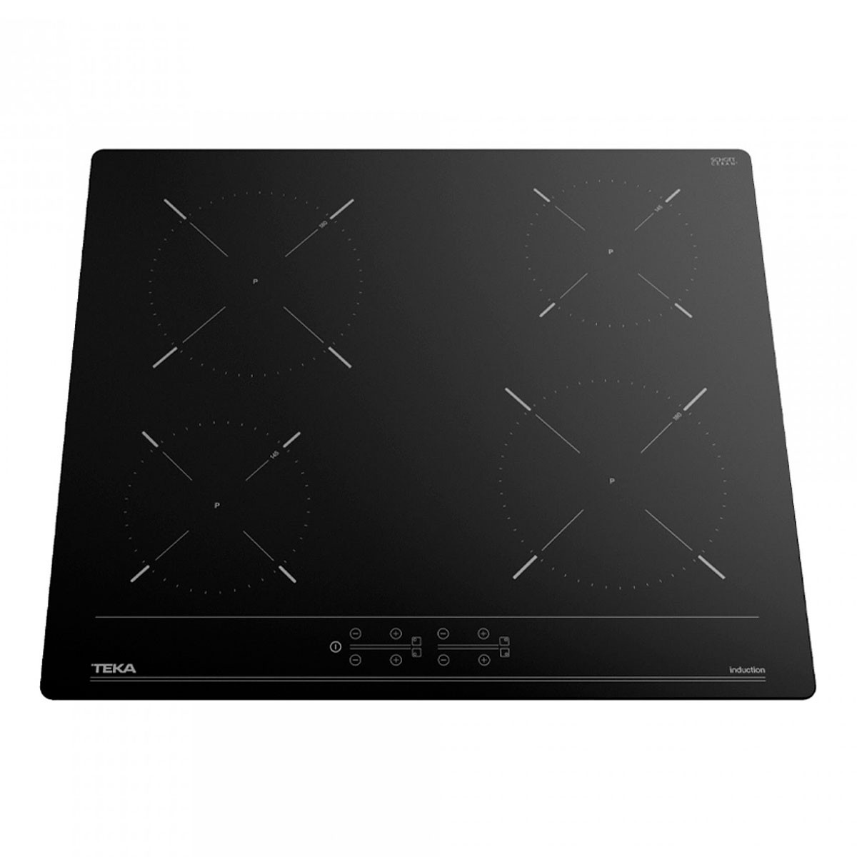 Placa de inducción negra con cuatro zonas de cocción y controles táctiles. Marca: TEKA.