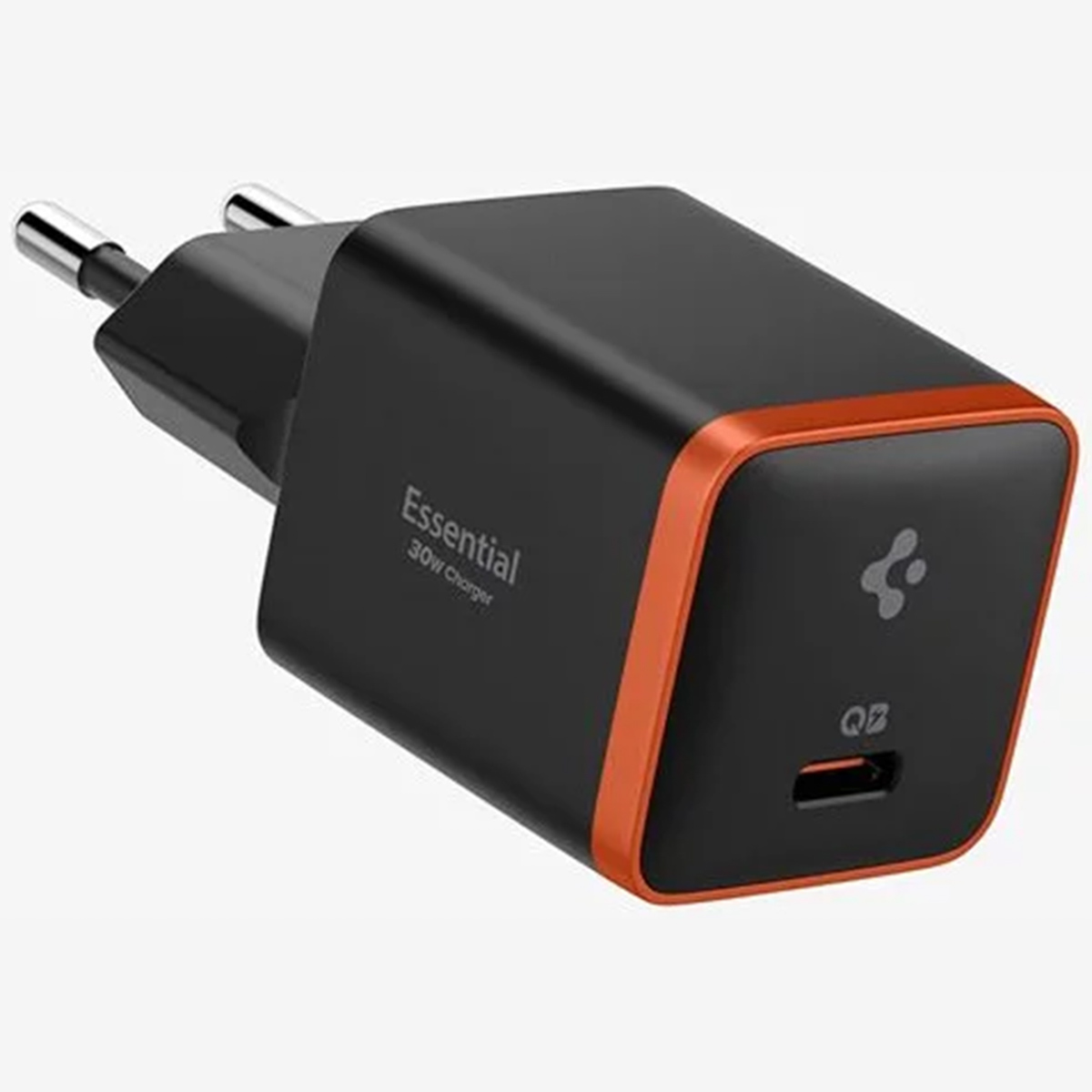 Zwarte en oranje 30W essentiële oplader met een USB-C poort.