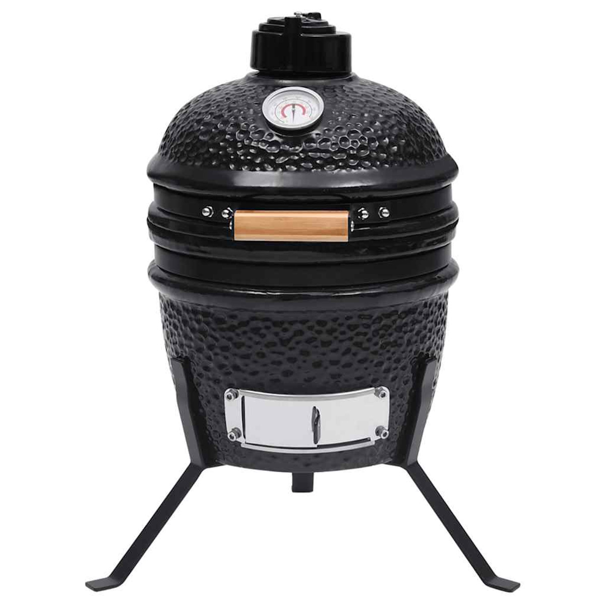 Una griglia nera in stile Kamado con termometro e manico in legno.