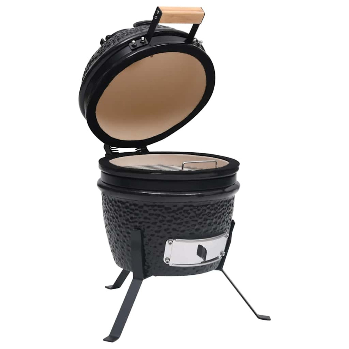 Un grill in ceramica nera con coperchio aperto, che mostra l'interno e un manico in legno.