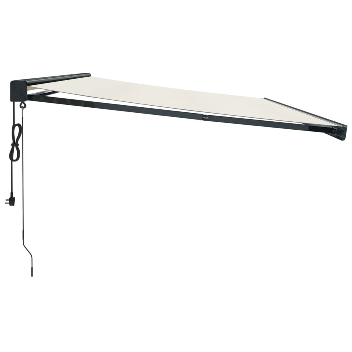 Eine offene Markise mit weißem Stoff, an einer Wand montiert. Ein schwarzes Kabel hängt herunter.