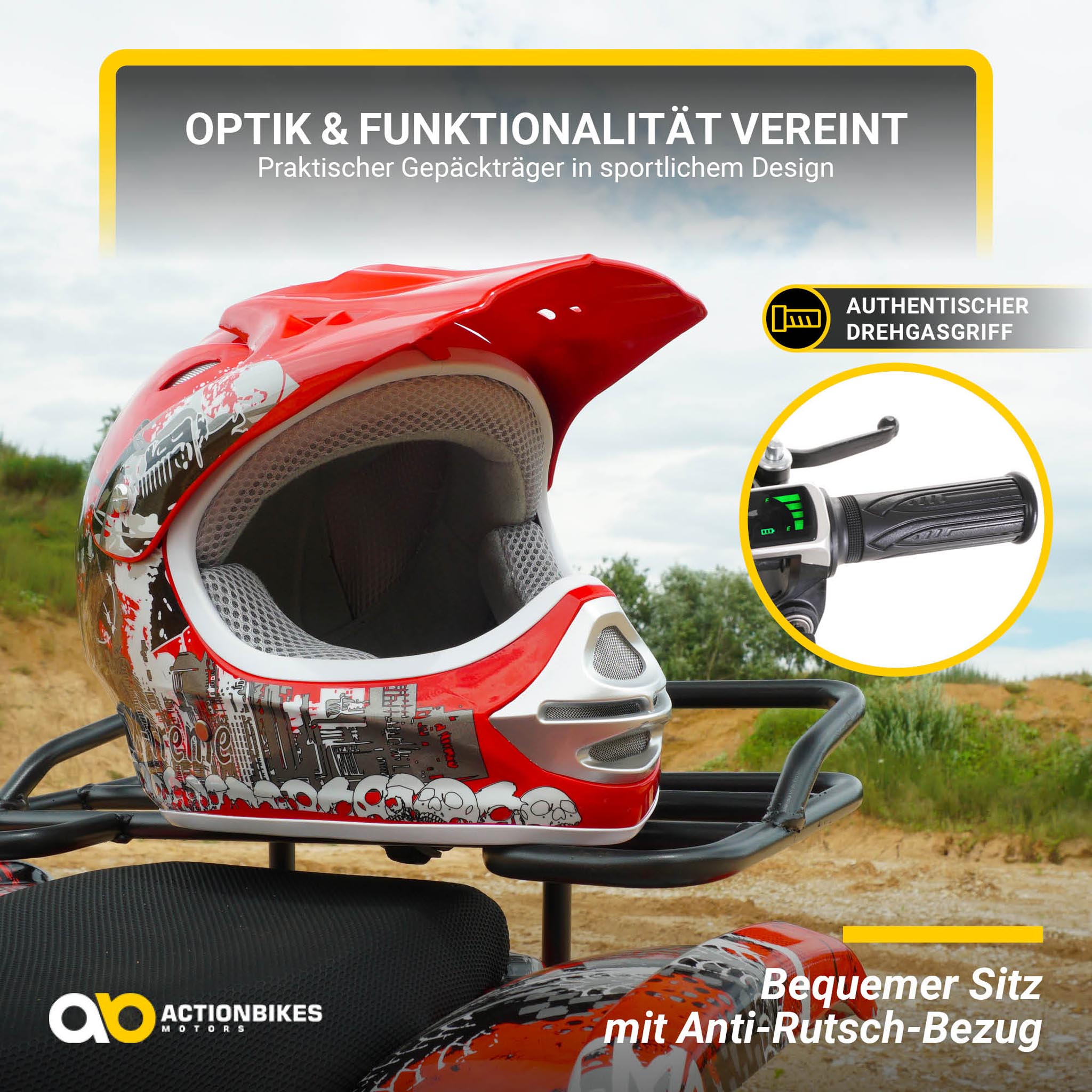 Roter Motorradhelm auf einem Gestell, mit Text und einem Einsatz des Griffs.