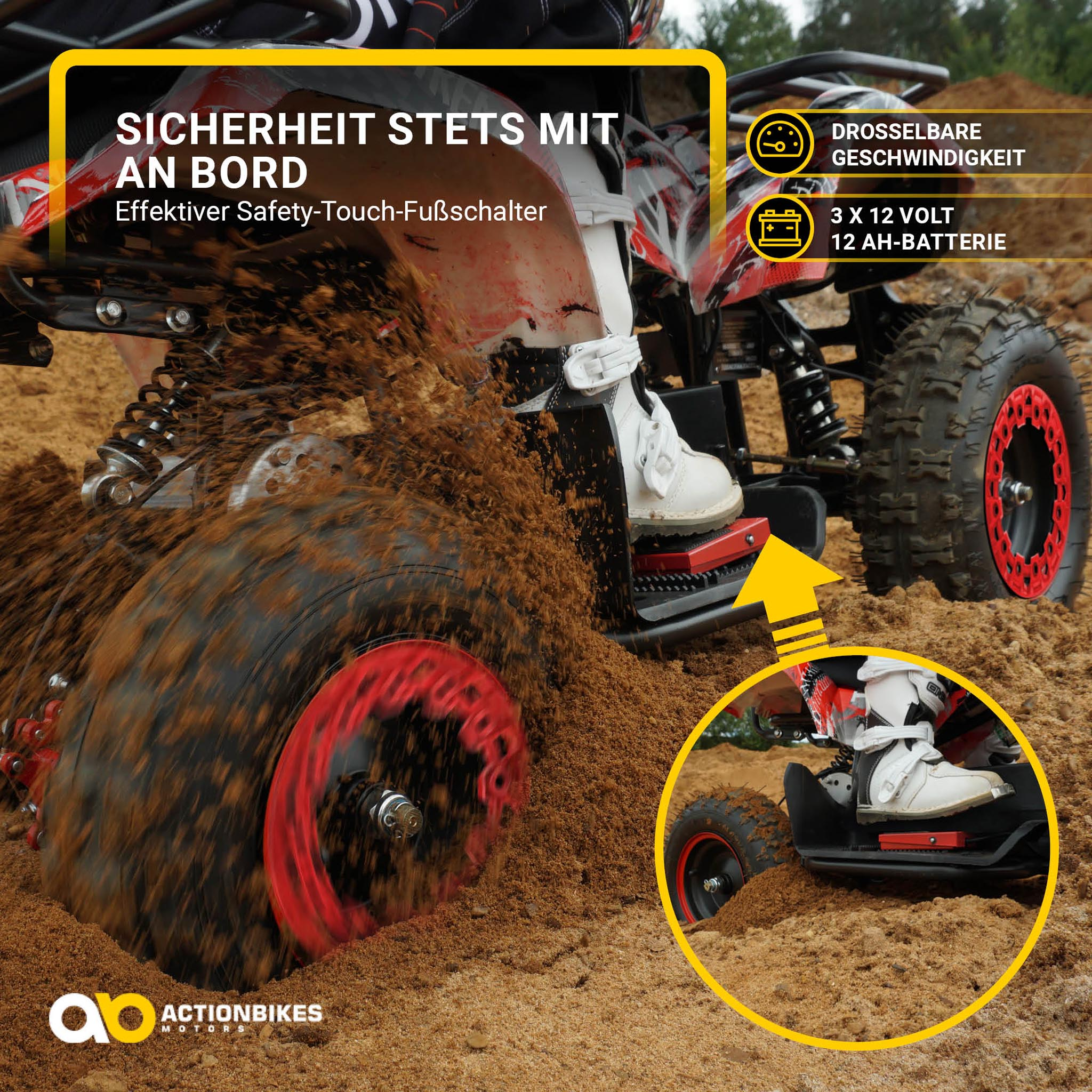 Eine Person fährt ein ATV, Nahaufnahme des Rades, das Schmutz aufwirbelt, und Textüberlagerungen.