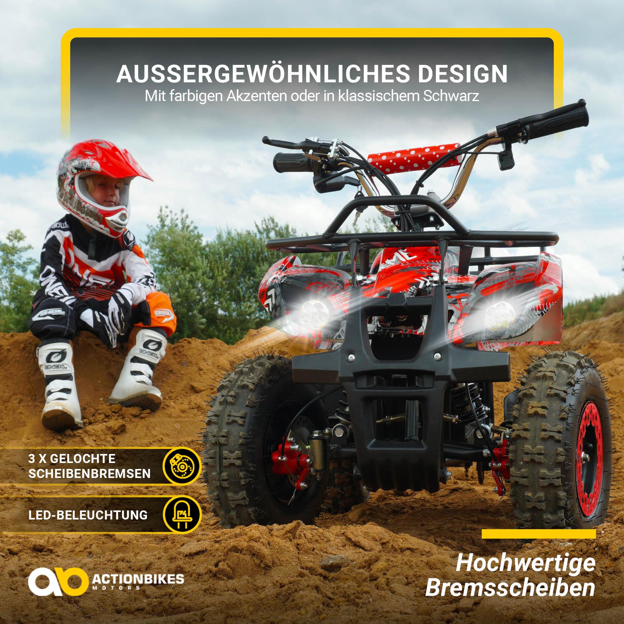 Ein Kind auf einem roten ATV mit Lichtern und Bremsen. Der Text auf Deutsch ist im Bild.