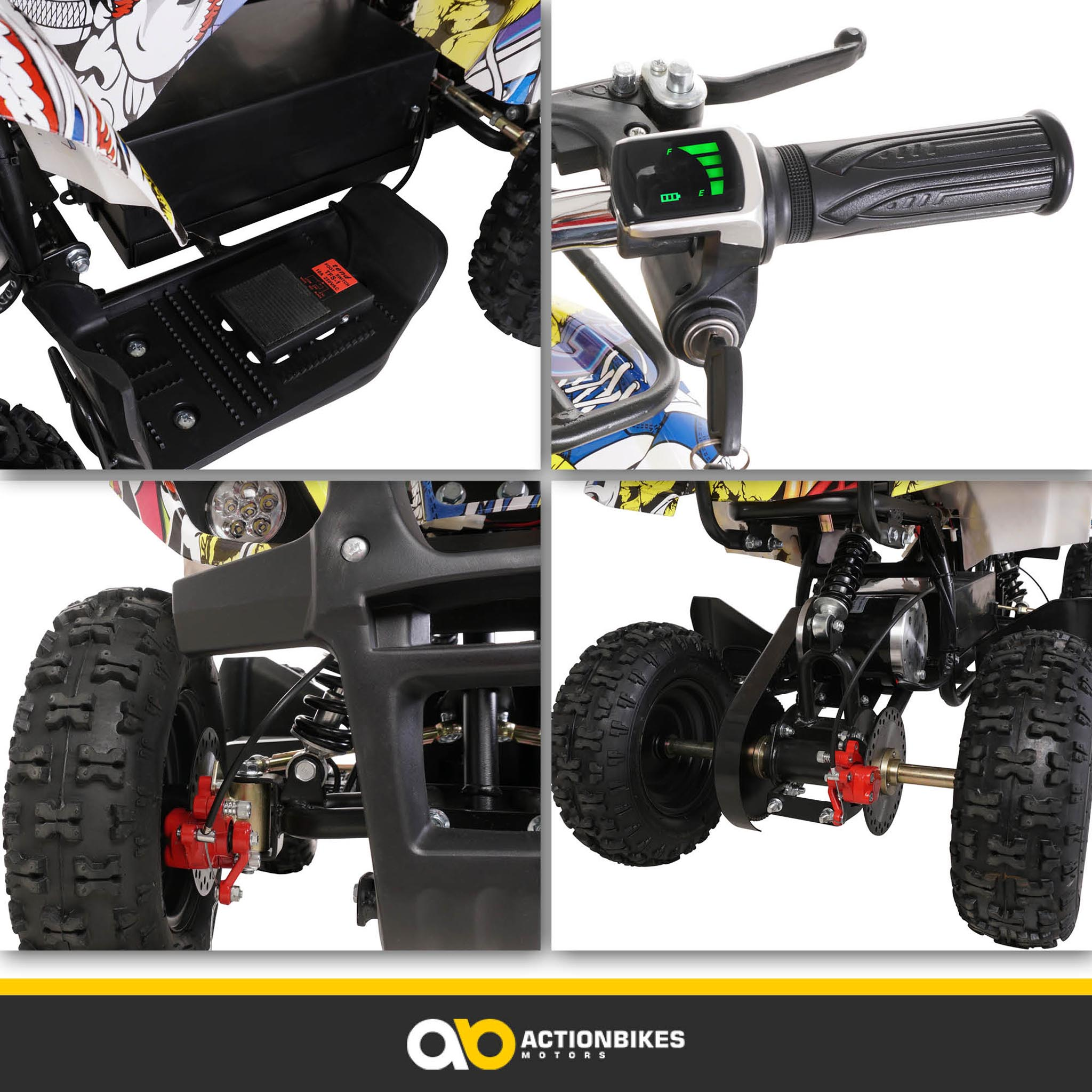 Nahaufnahmen eines Elektro-ATV, die Räder, Details und verschiedene Komponenten zeigen.
