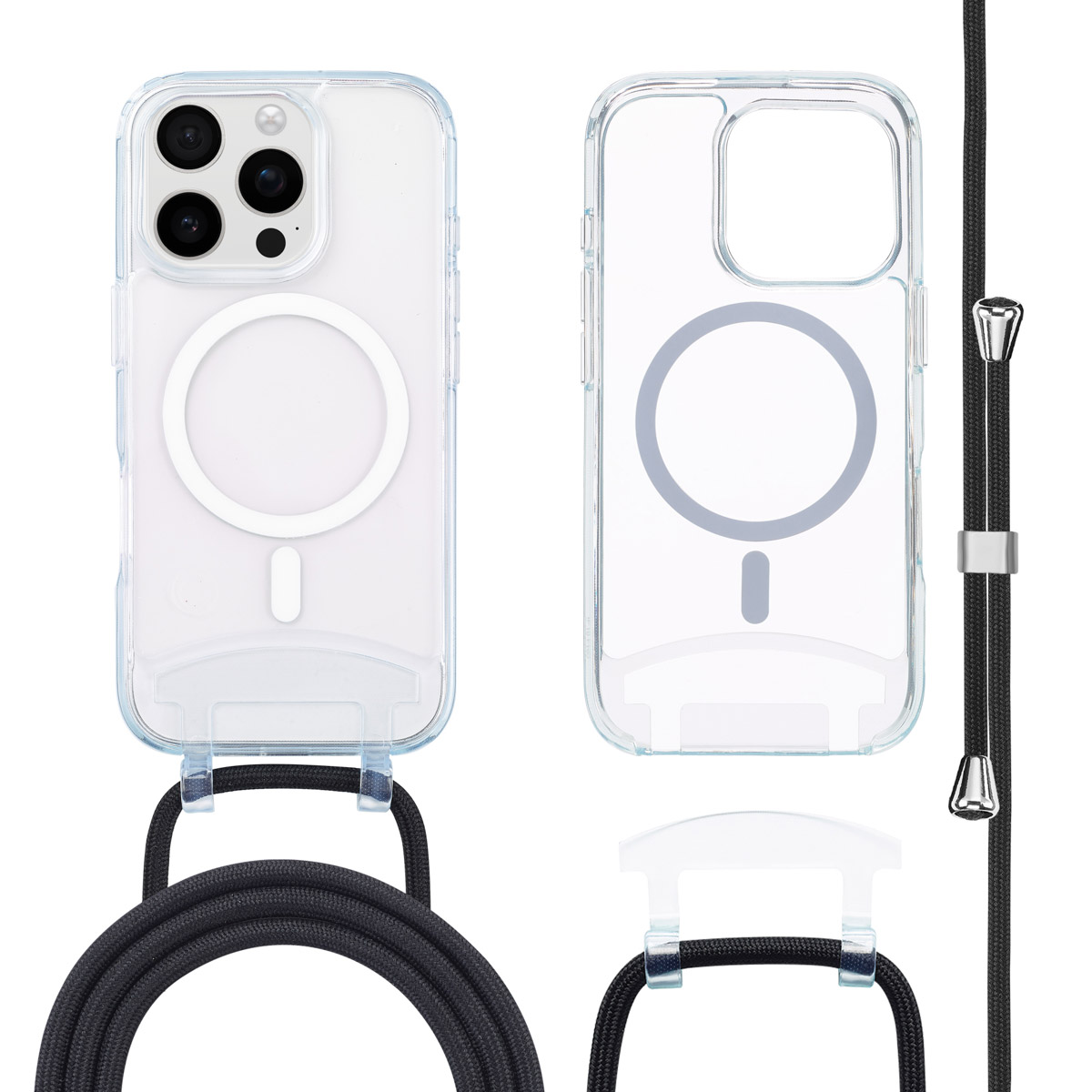 Coque de téléphone transparente avec cordon noir. Deux vues du téléphone avec la coque.