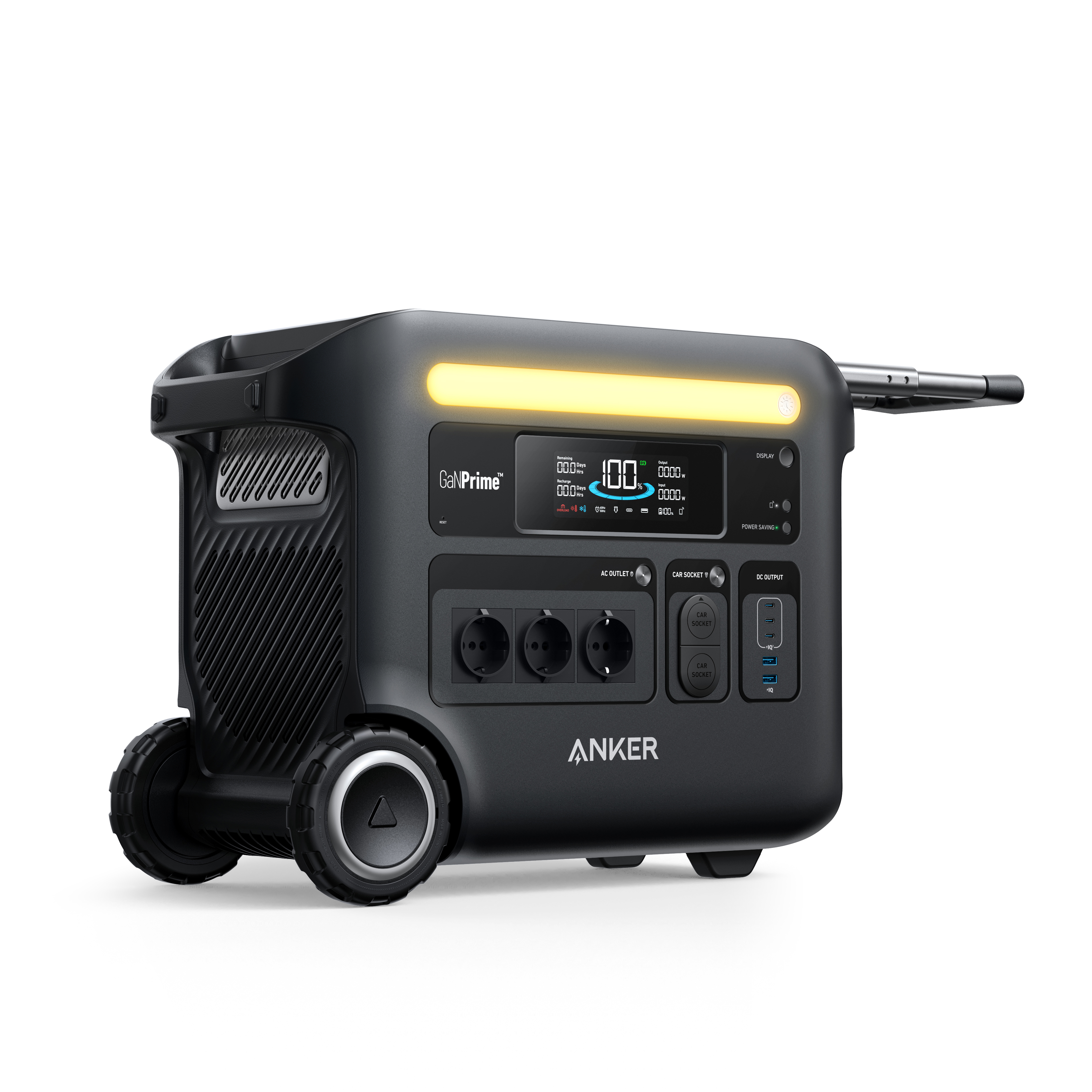 Czarna stacja zasilania z kołami. Ma ekran, gniazda i uchwyt. Żółte światło na górze.