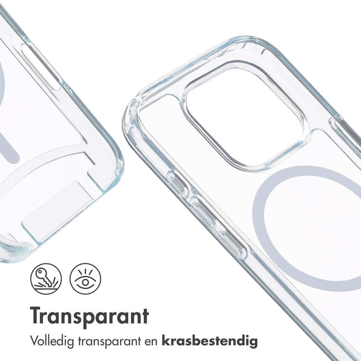 Coque de téléphone transparente avec design MagSafe circulaire. Fond blanc. Gros plan.