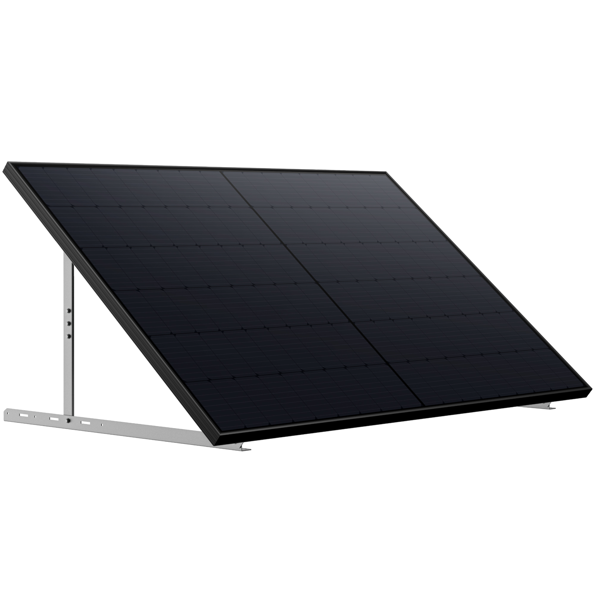 Pannello solare nero, montato su una staffa argentata angolata, su sfondo bianco.