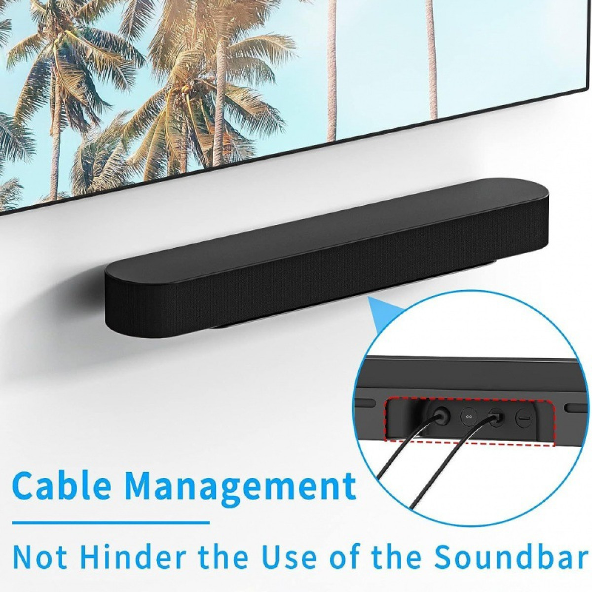 Eine schwarze Soundbar an einer weißen Wand, mit detaillierter Ansicht des Kabelmanagements.
