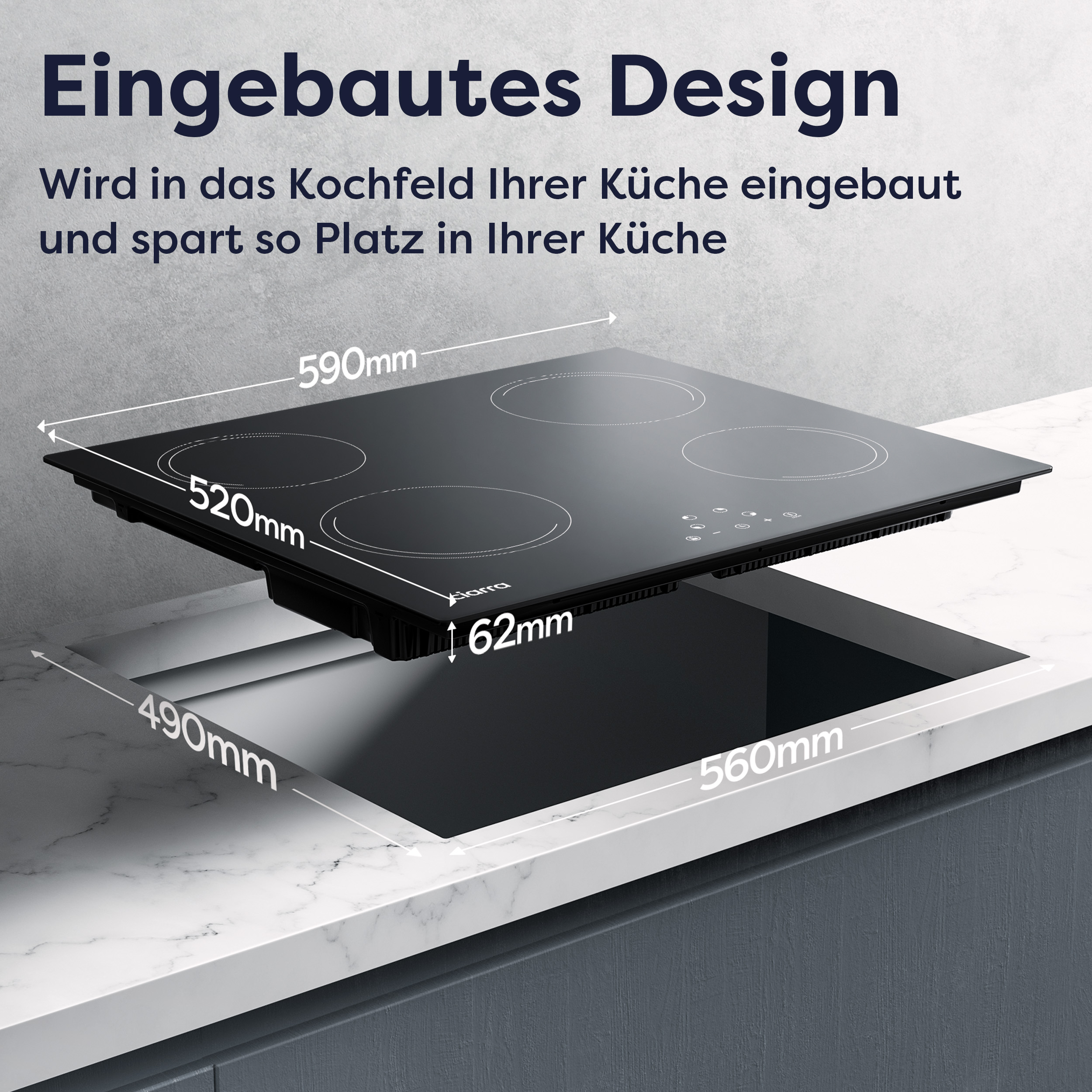 Table de cuisson noire installée sur un comptoir blanc avec dimensions visibles.