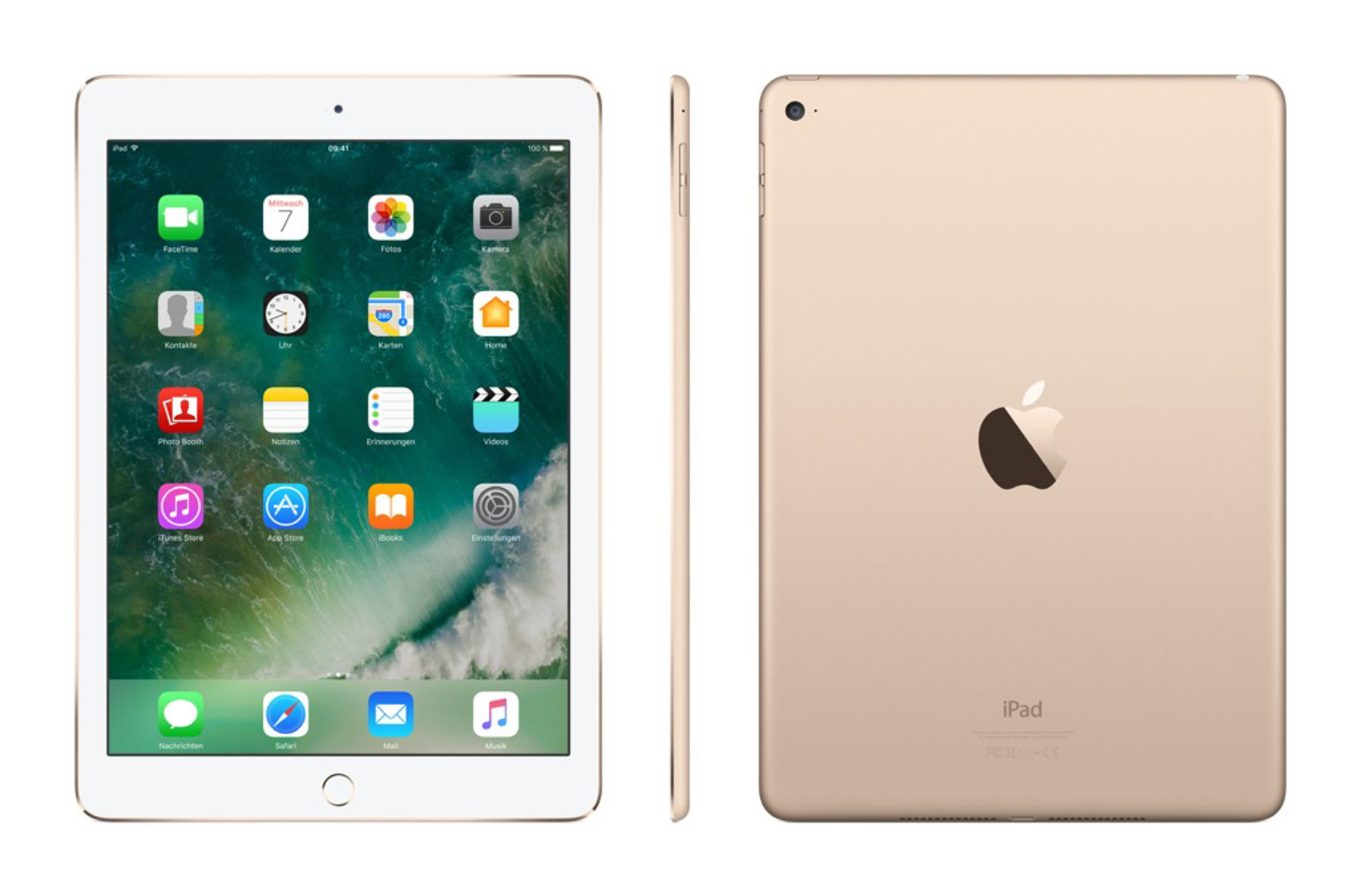 Goldenes iPad mit Apps. Drei Ansichten: vorne, Seite und hinten mit Apple-Logo. Weißer Hintergrund.