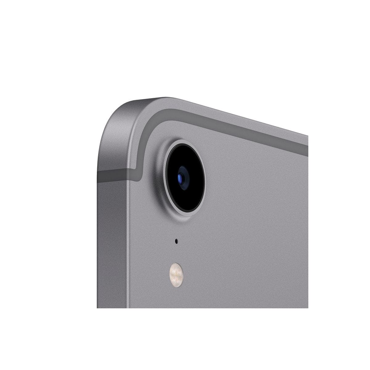 Close-up of a tablet's camera, lens, and flash on a gray surface, white background.