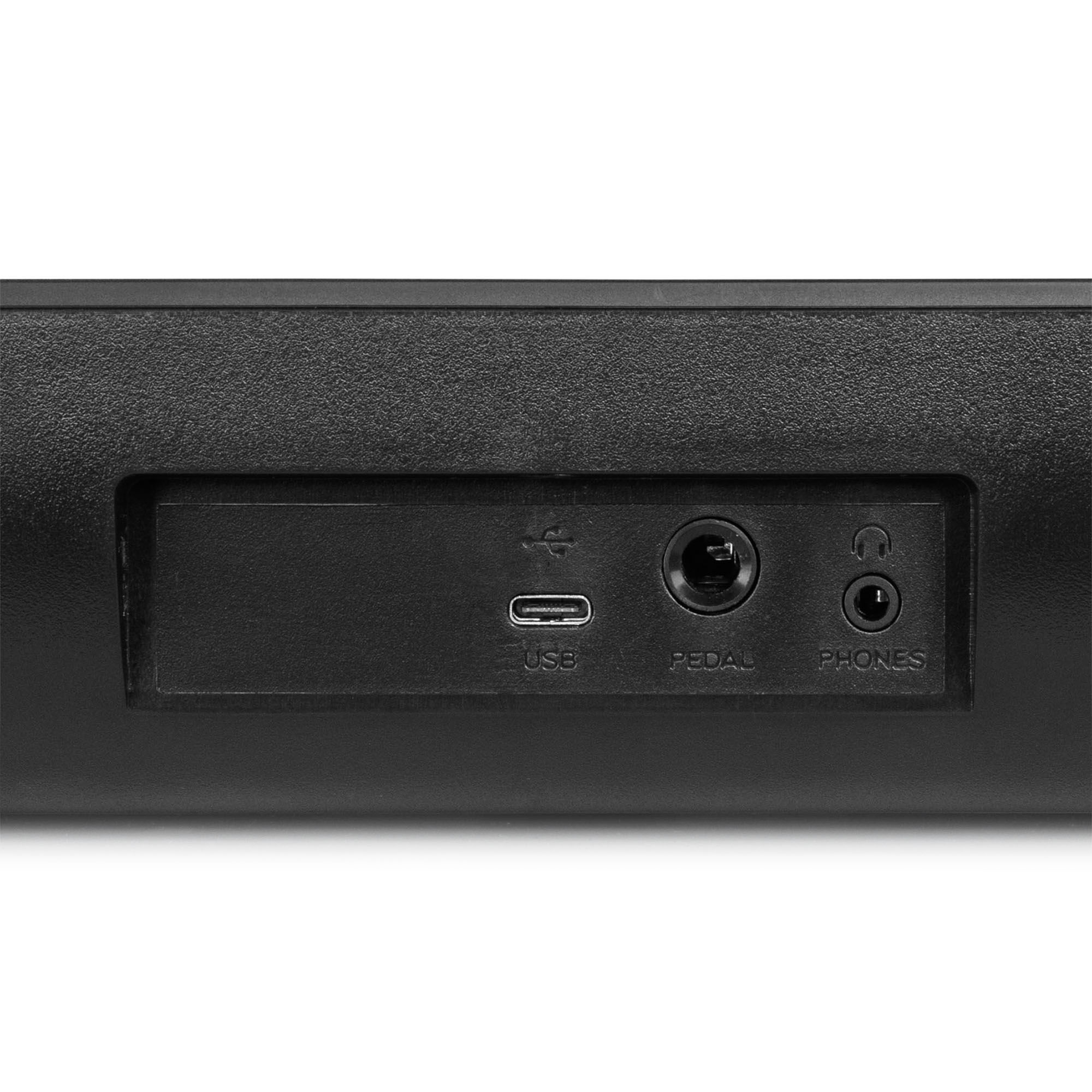 Primer plano de la parte trasera de un teclado negro, con puertos USB, pedal y auriculares.