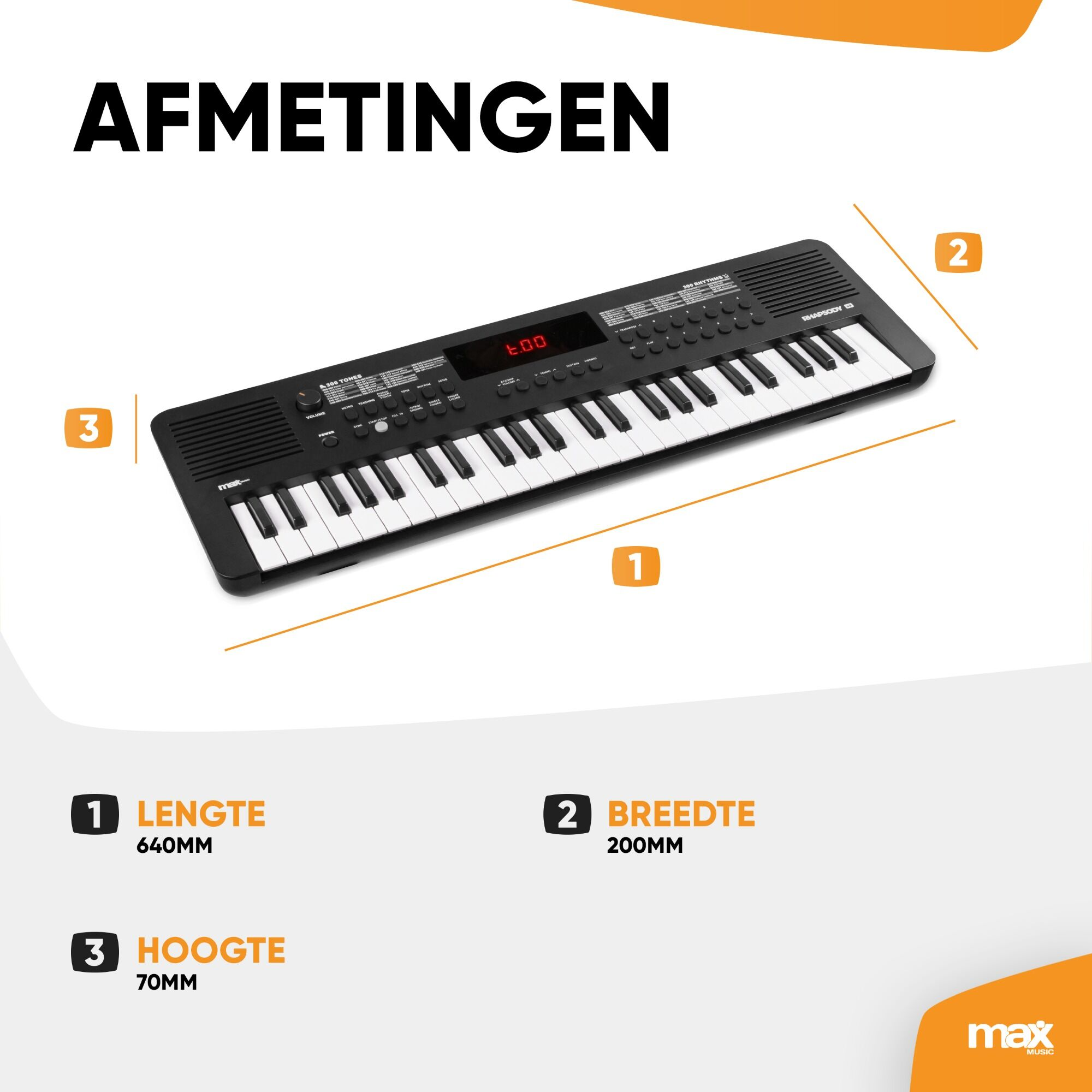 Teclado electrónico negro con dimensiones en mm. Texto: Afmetingen (Dimensiones).