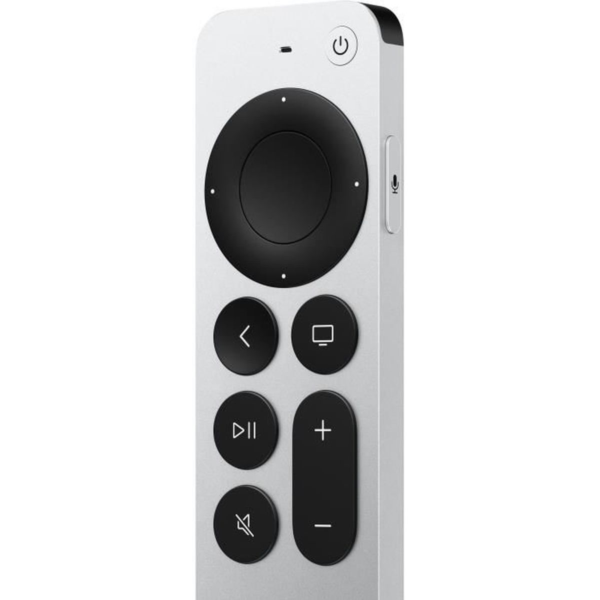 Silberne Apple TV-Fernbedienung. Sie hat ein kreisförmiges Navigationsfeld, Lautstärke- und Ein-/Aus-Tasten.