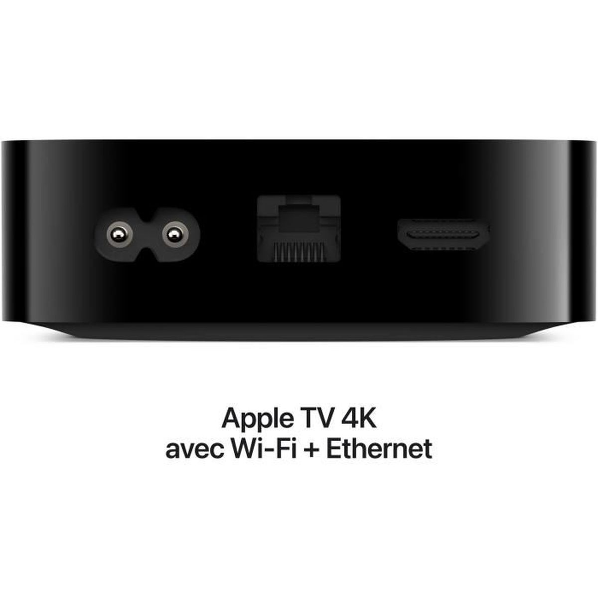 Ein schwarzes Apple TV 4K-Gerät mit Anschlüssen. Text: Apple TV 4K avec Wi-Fi + Ethernet.