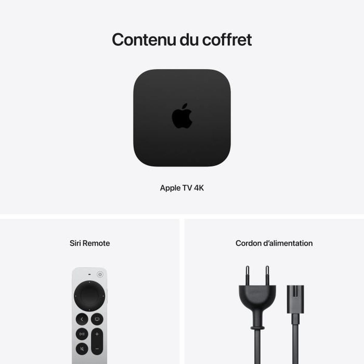 Apple TV 4K-Box, Siri Remote und Netzkabel vor weißem Hintergrund.
