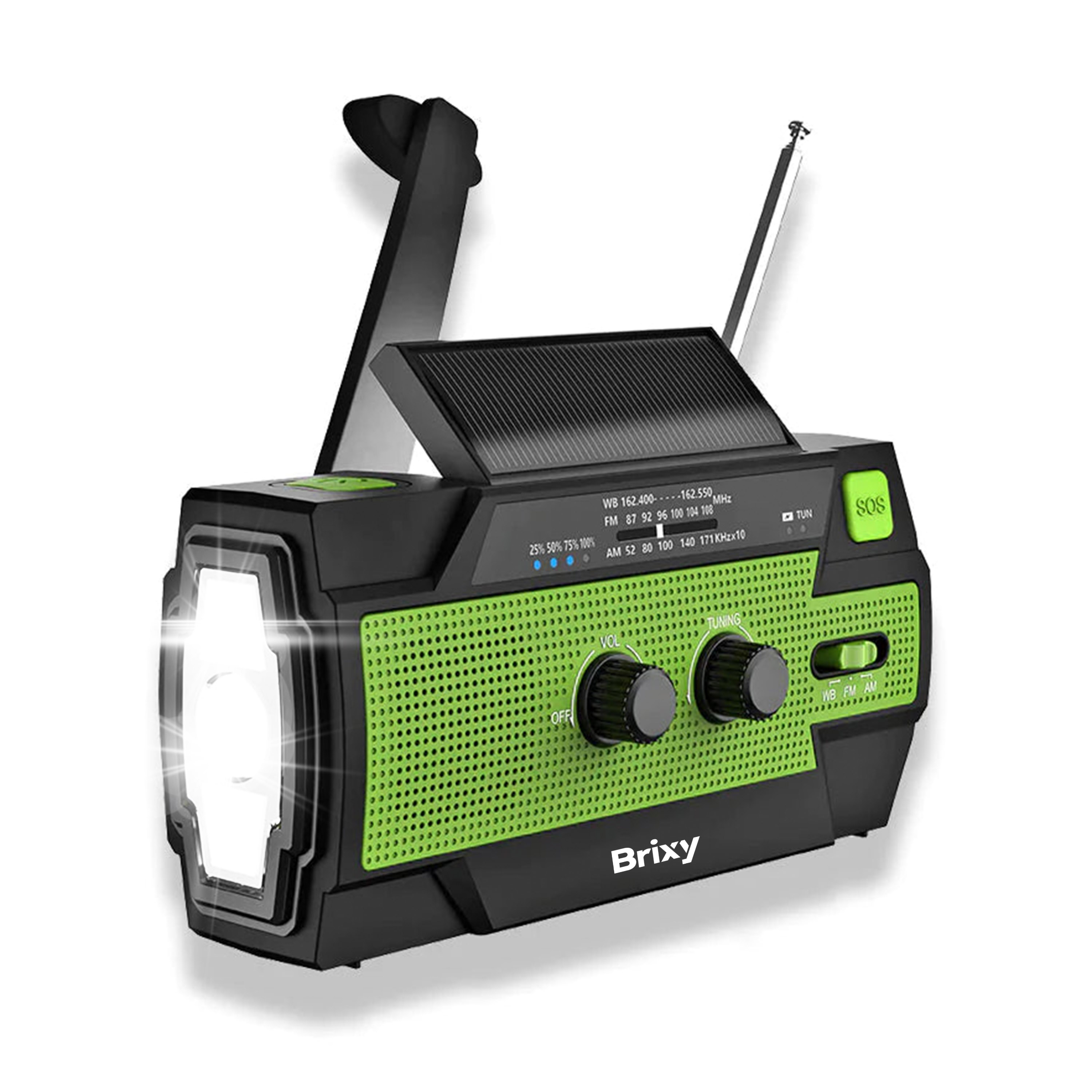 Green and black emergency radio with solar panel and flashlight.
