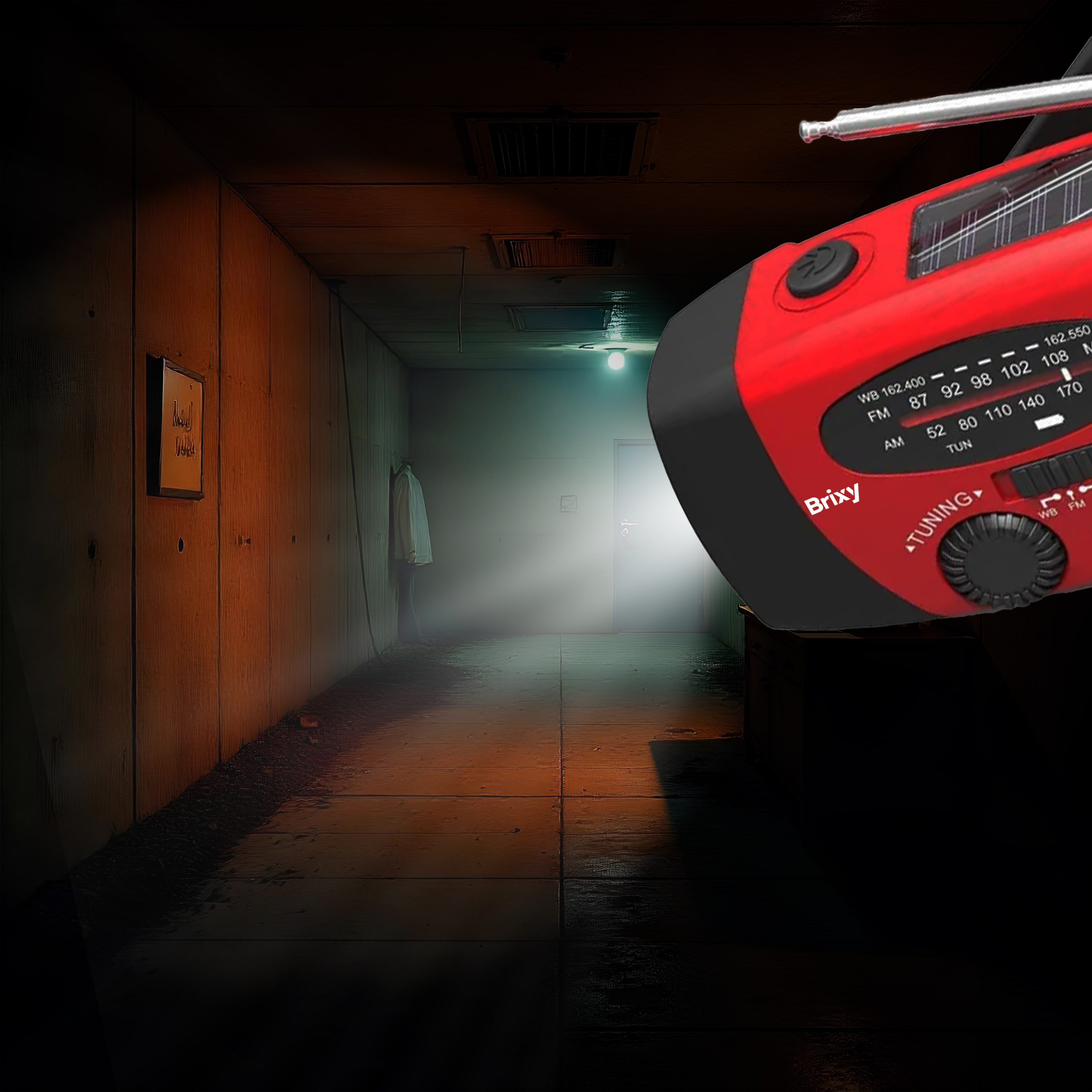 Red and black radio with an antenna, in a dark hallway with a light at the end.