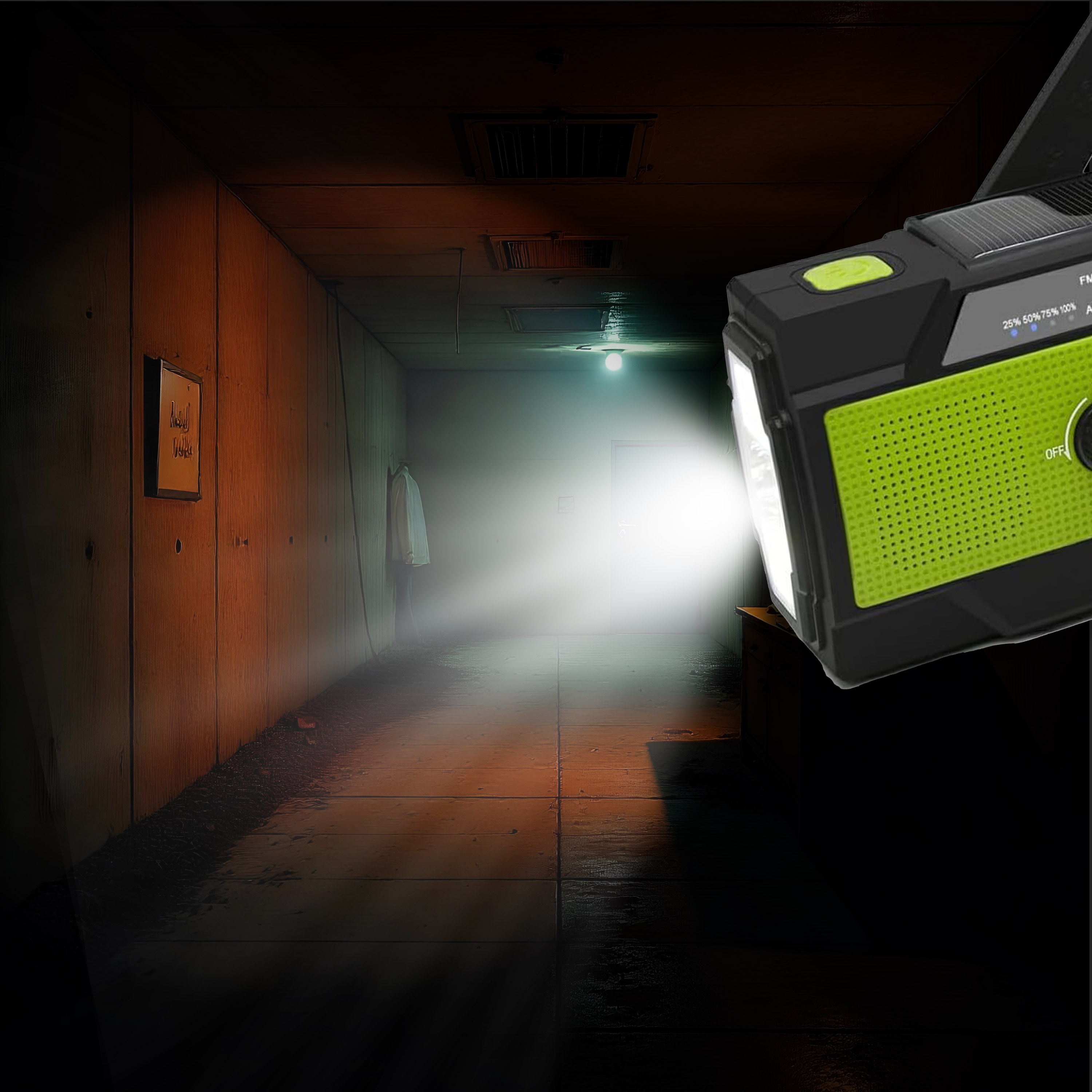 A flashlight shines in a dark corridor. A white shirt hangs on the wall. The flashlight is in the foreground.