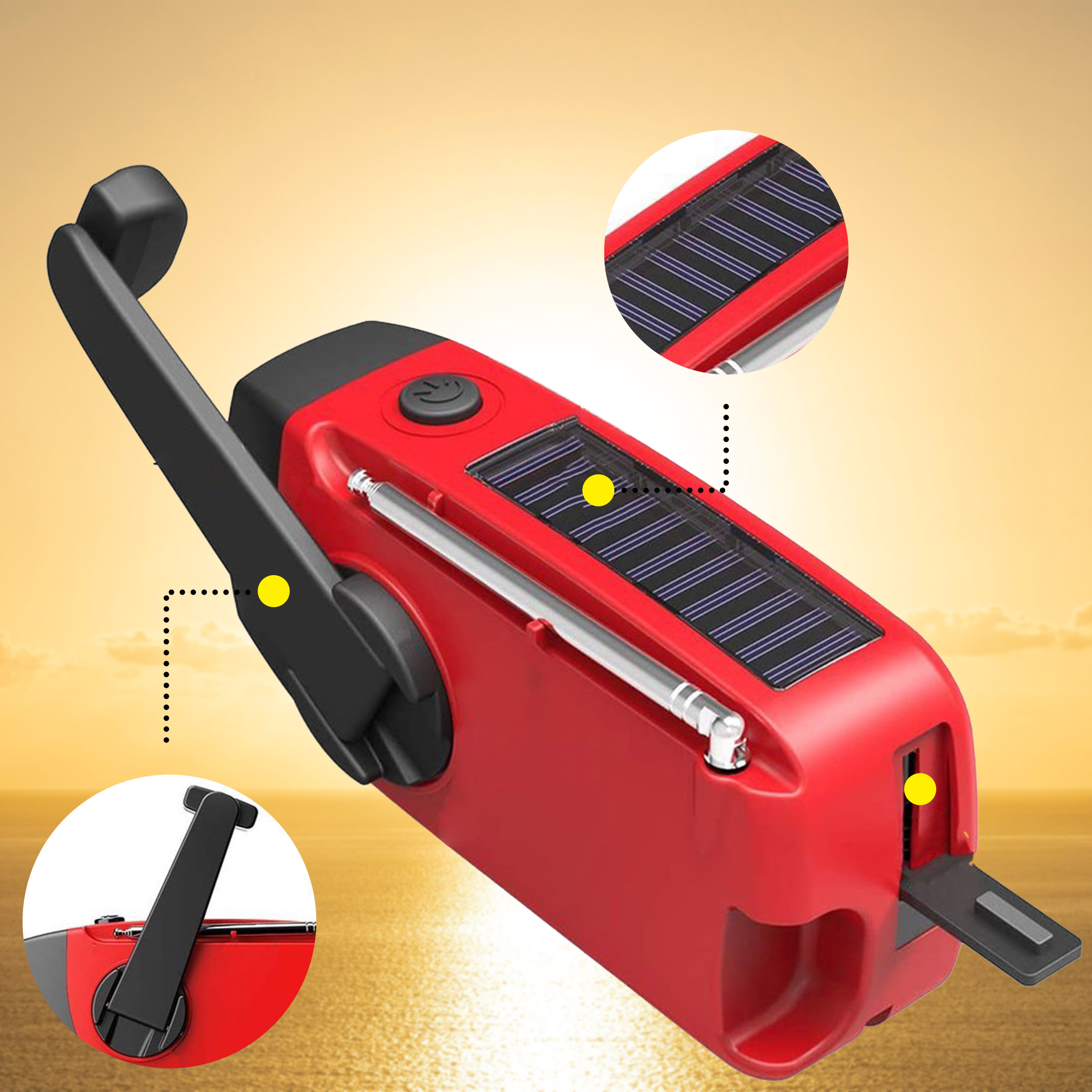 A red emergency radio with a hand crank and a solar panel, set against a sunset.