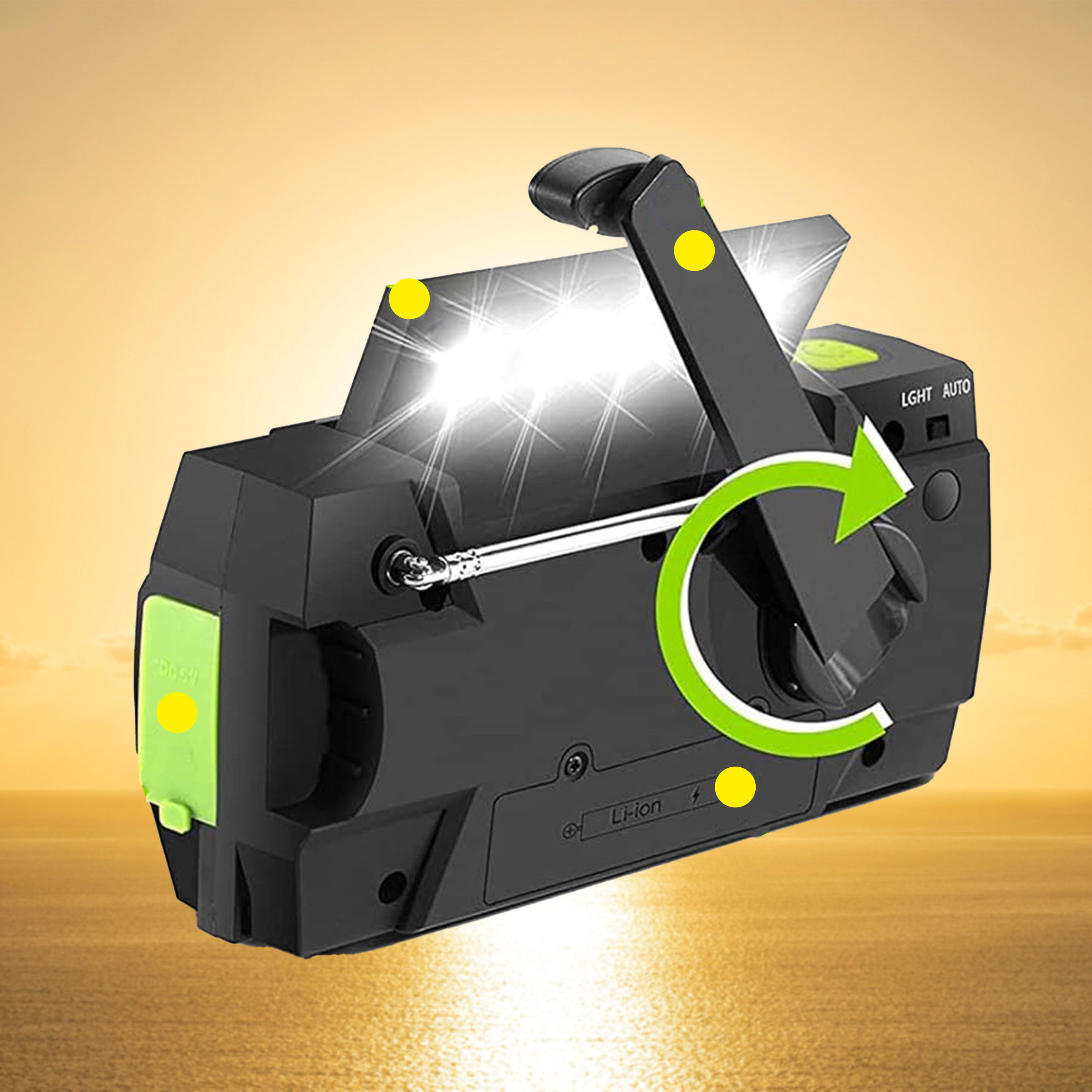 A black hand-crank flashlight shining light against a golden gradient.