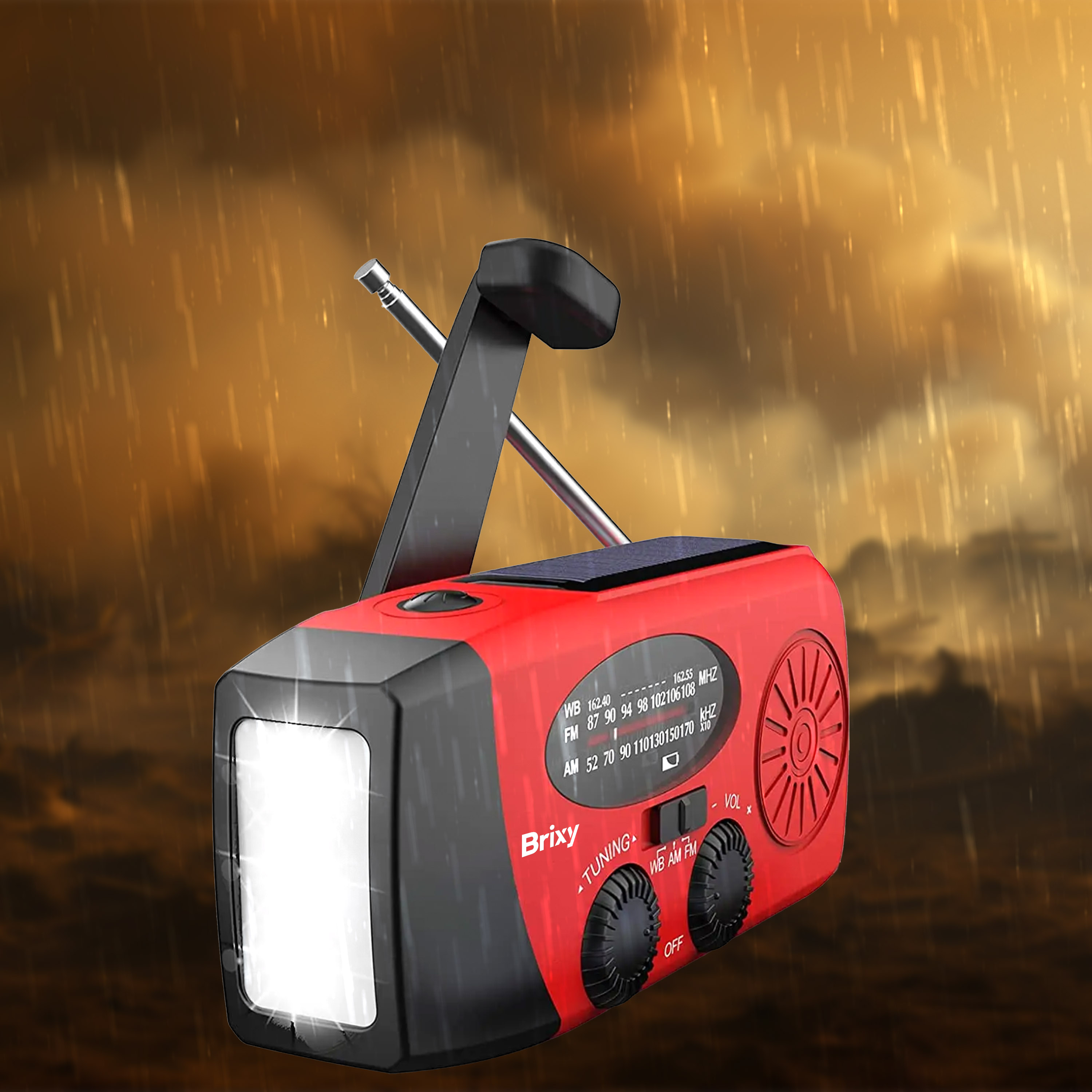 Red and black emergency radio with a light and a solar panel.