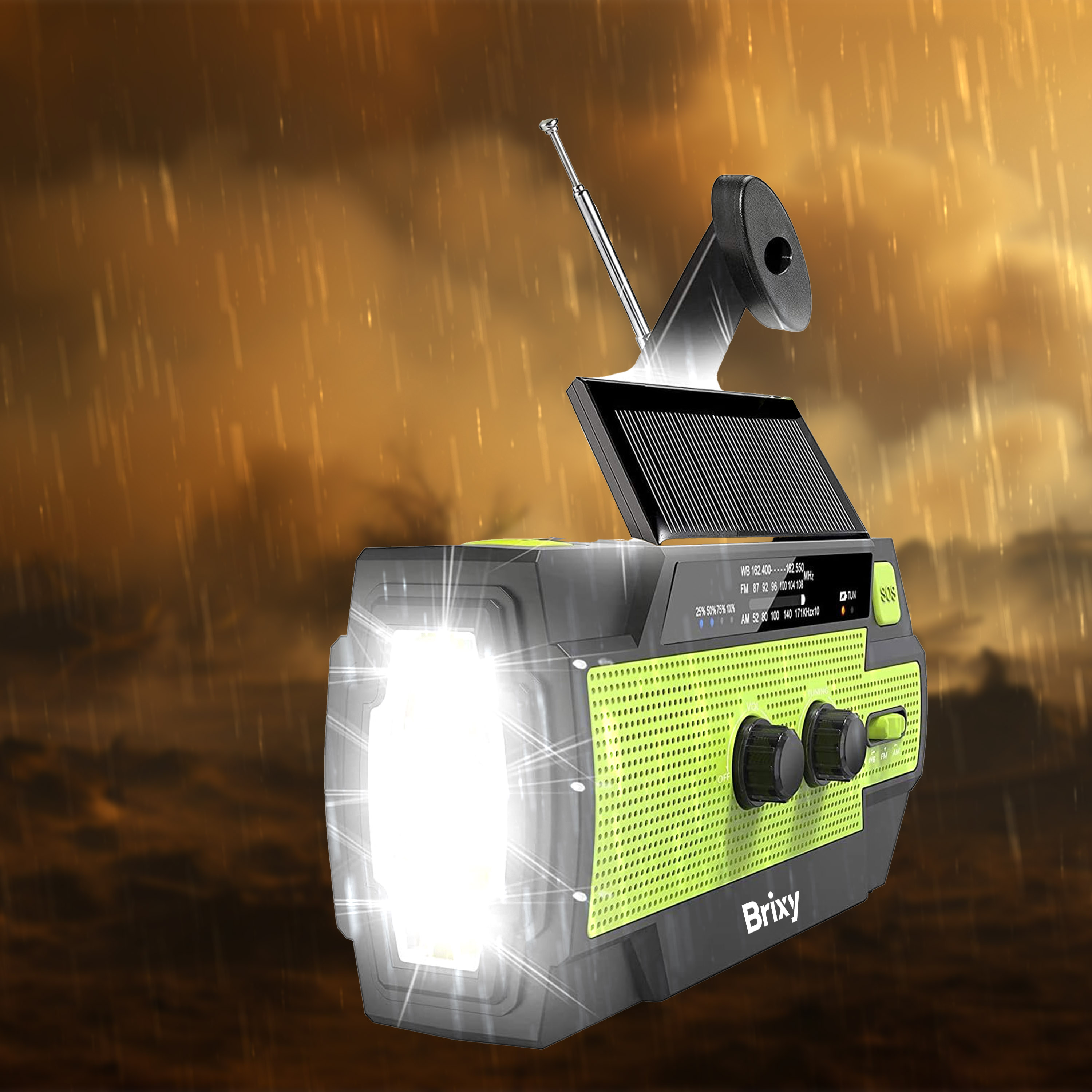 A portable radio with a solar panel and a bright flashlight.