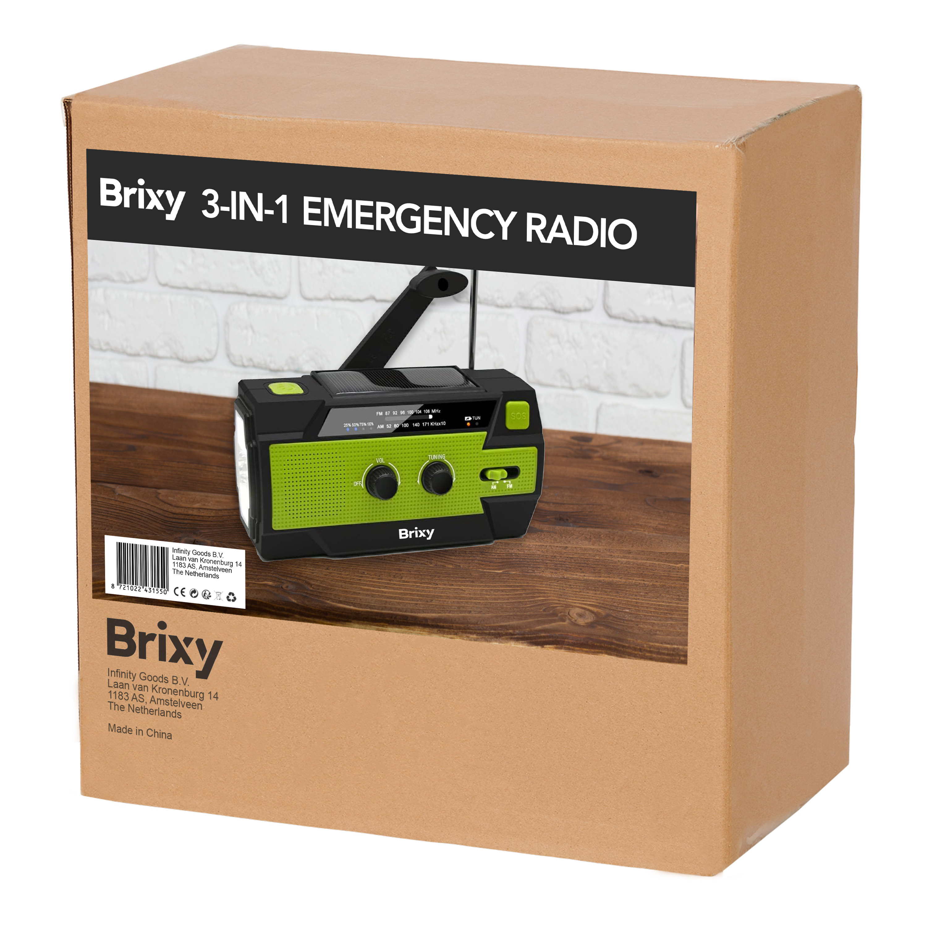 A cardboard box displaying a 3-in-1 emergency radio. The radio is black and green with a handle.